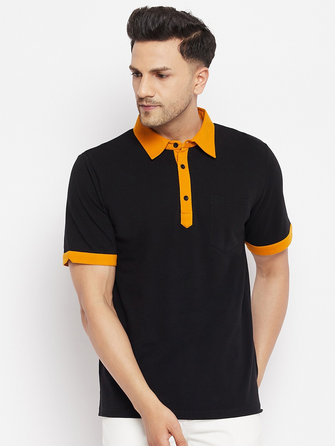 

Hypernation Men Black Polo Collar T-shirt