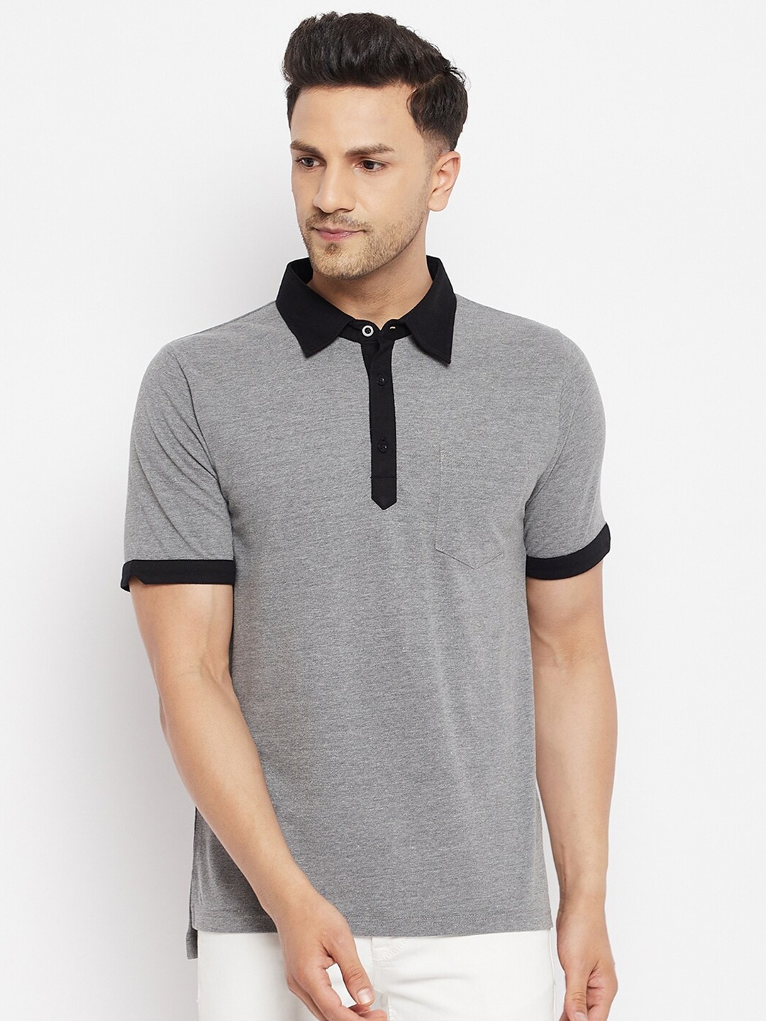 

Hypernation Men Grey Striped Polo Collar T-shirt