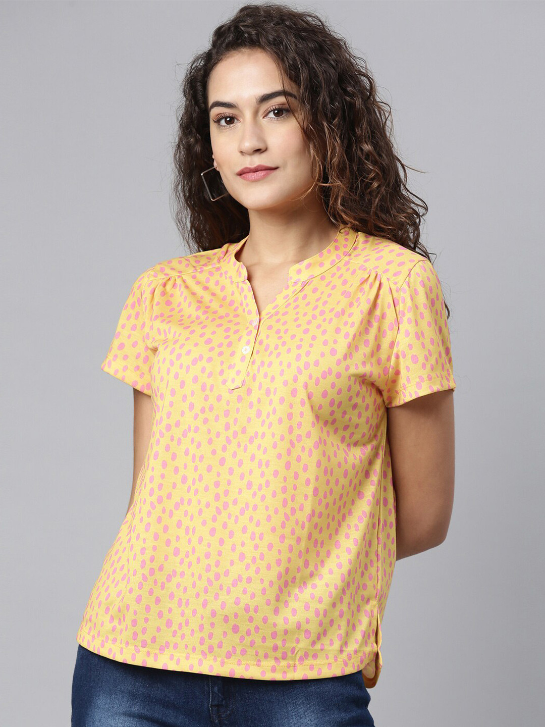 

LAYA Mustard Yellow Printed Mandarin Collar Top