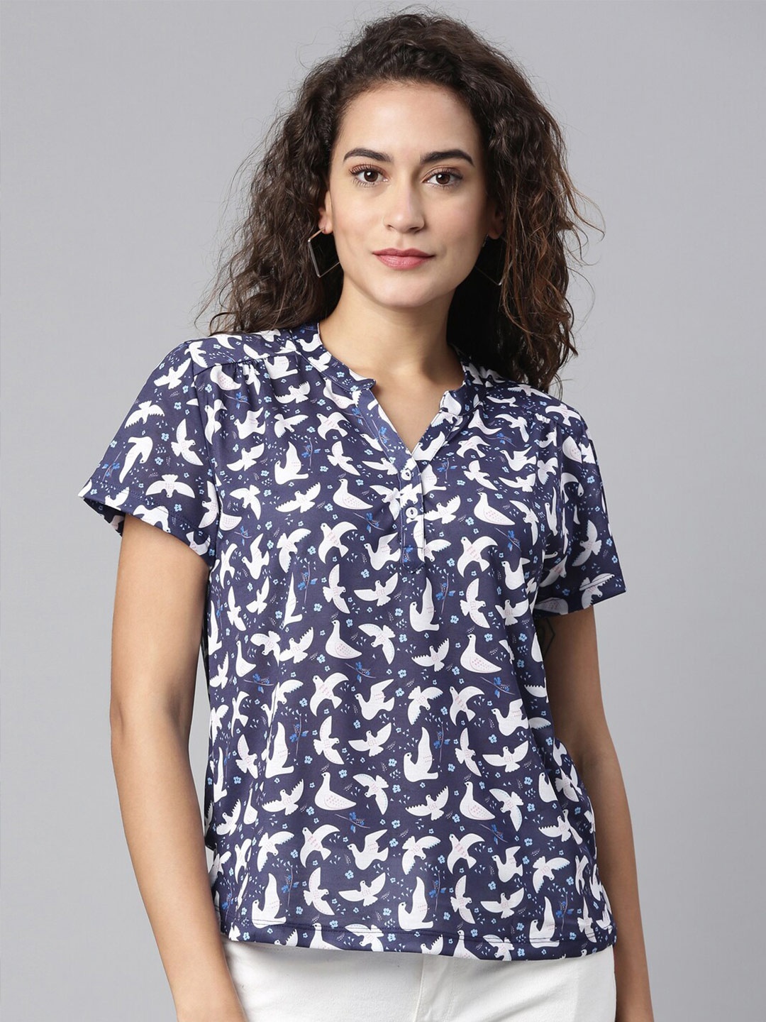 

LAYA Navy Blue Print Mandarin Collar High-Low Top