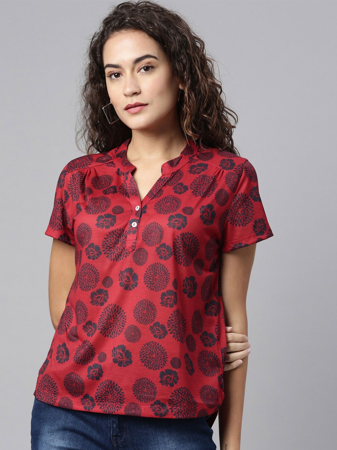 

LAYA Women Red Printed Mandarin Collar Top