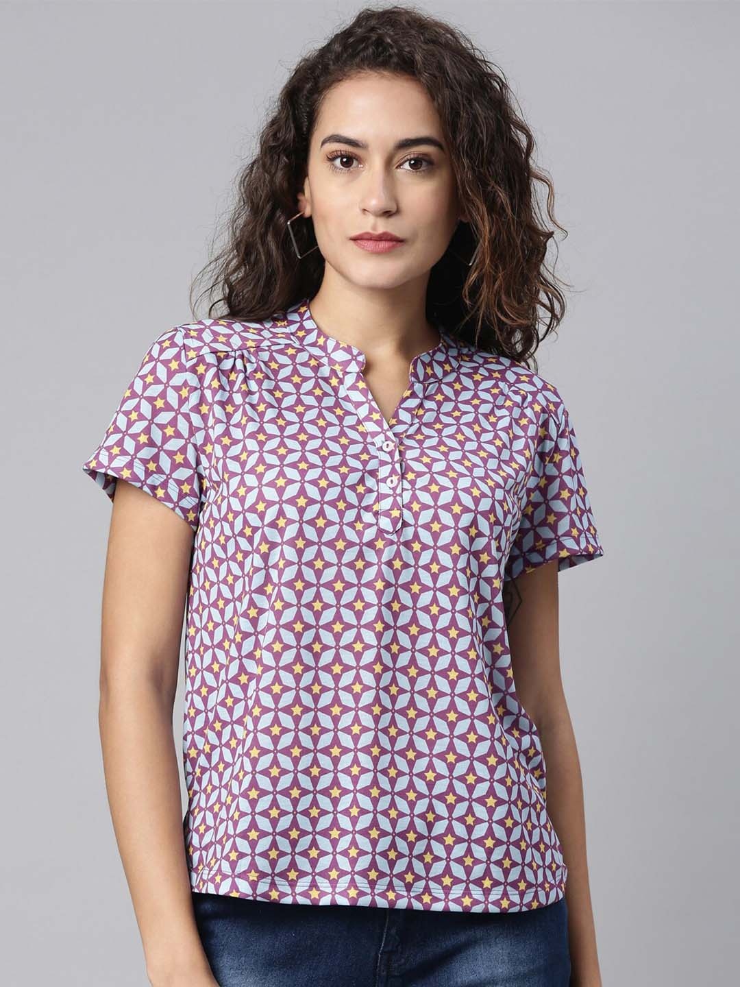 

LAYA Blue Geometric Print Mandarin Collar Top