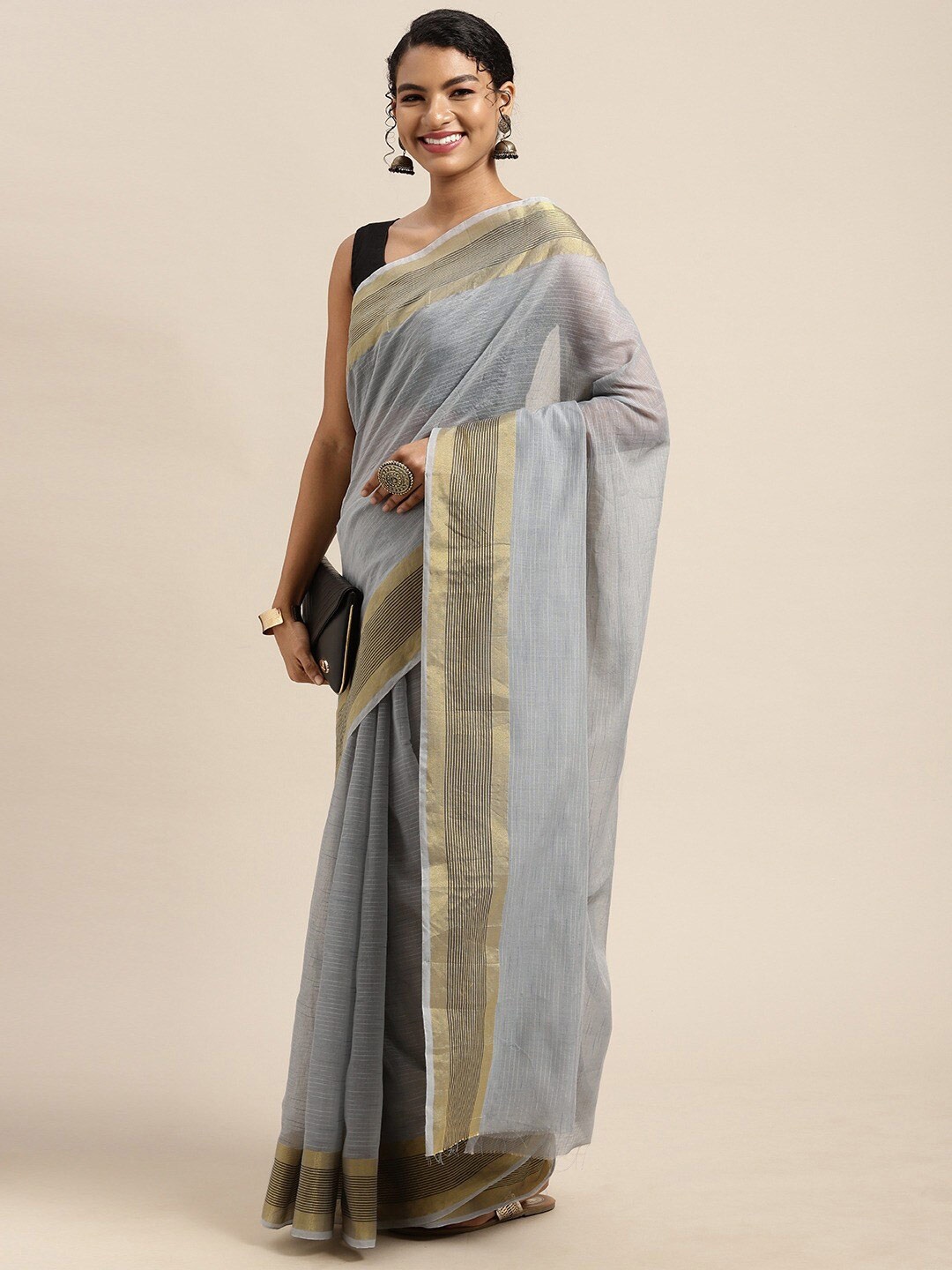 

KALINI Grey & Gold-Toned Zari Silk Cotton Saree