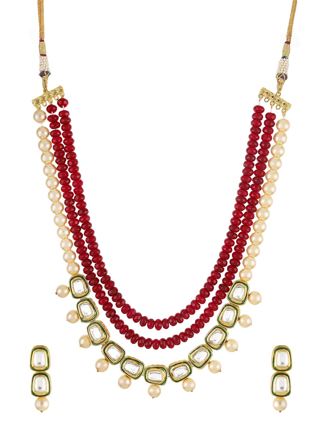 

Runjhun Gold-Plated Maroon& White Kundan-Studded & Beaded Jewellery Set