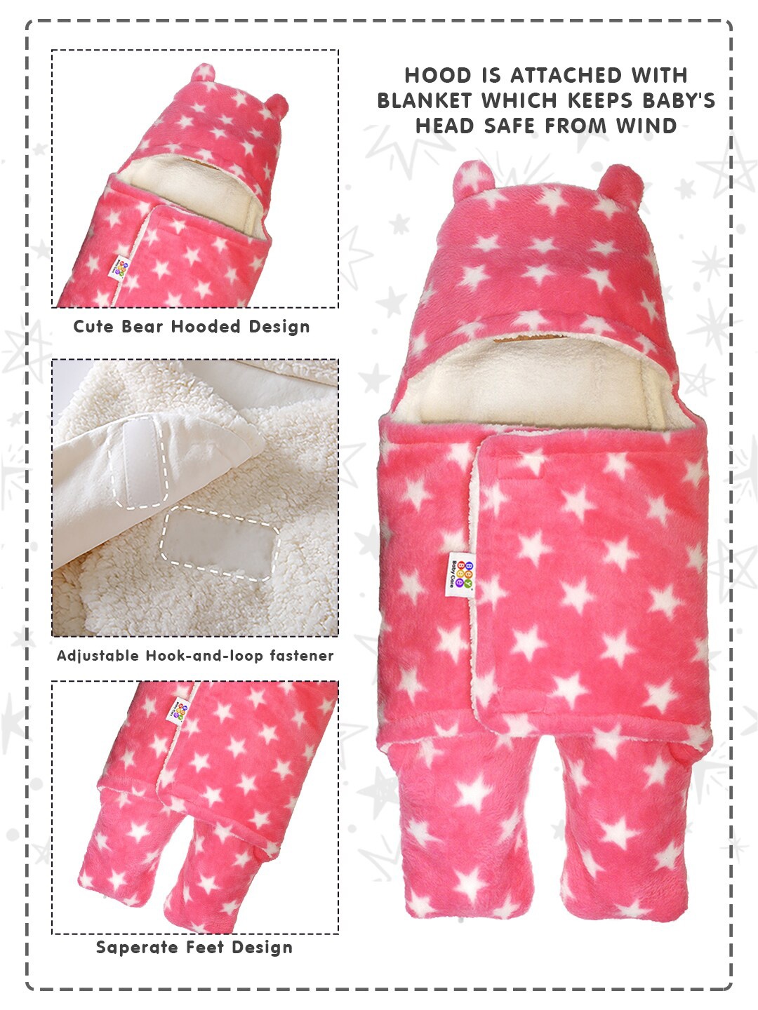 

BeyBee Kids Pack of 2 Pink & Beige Printed 3 In 1 Hooded Blanket Cum Wrapper