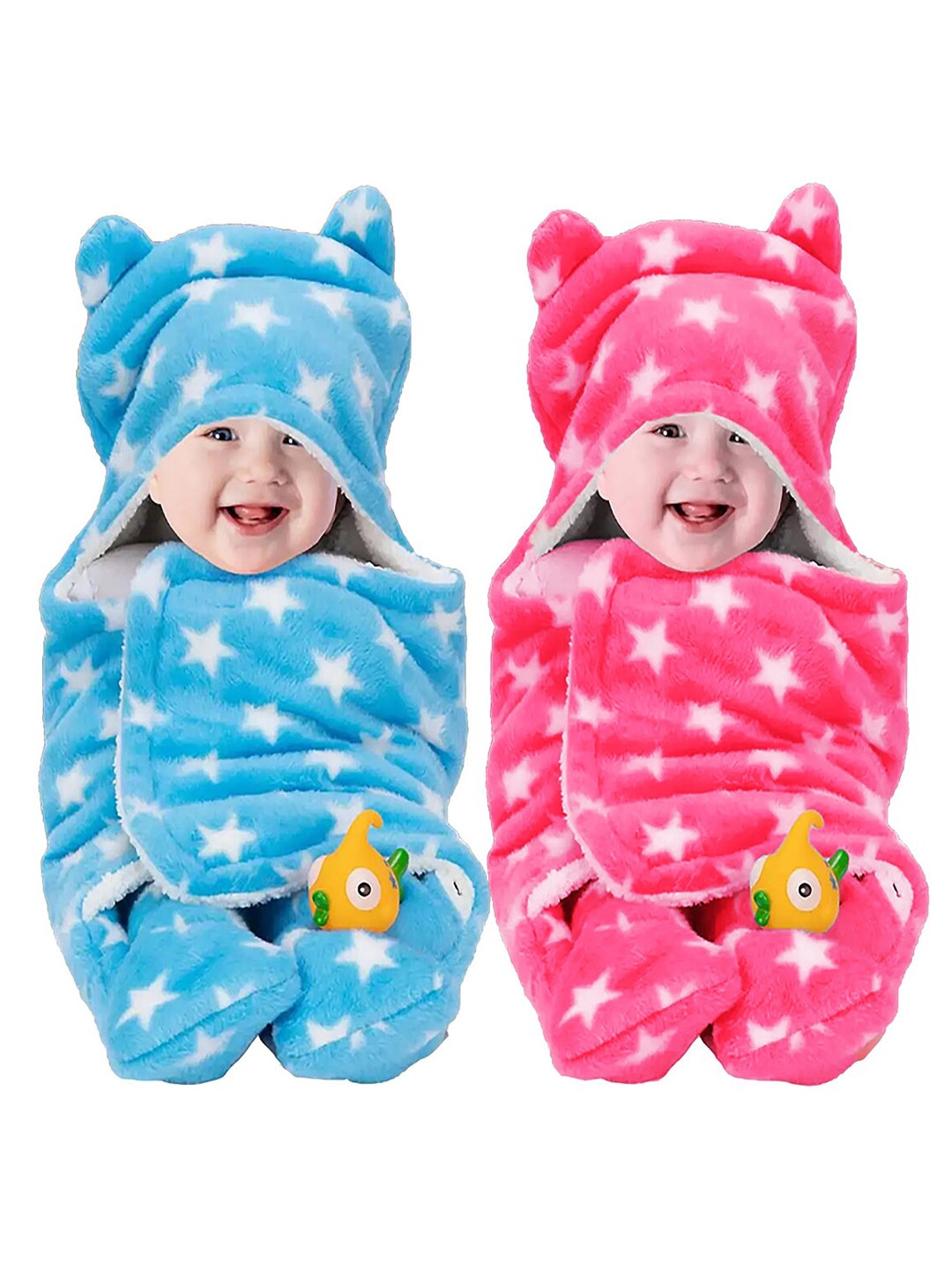 

BeyBee Infants Kids Pack of 2 Blue & Pink Printed 3 In 1 Hooded Baby Blanket Cum Wrapper