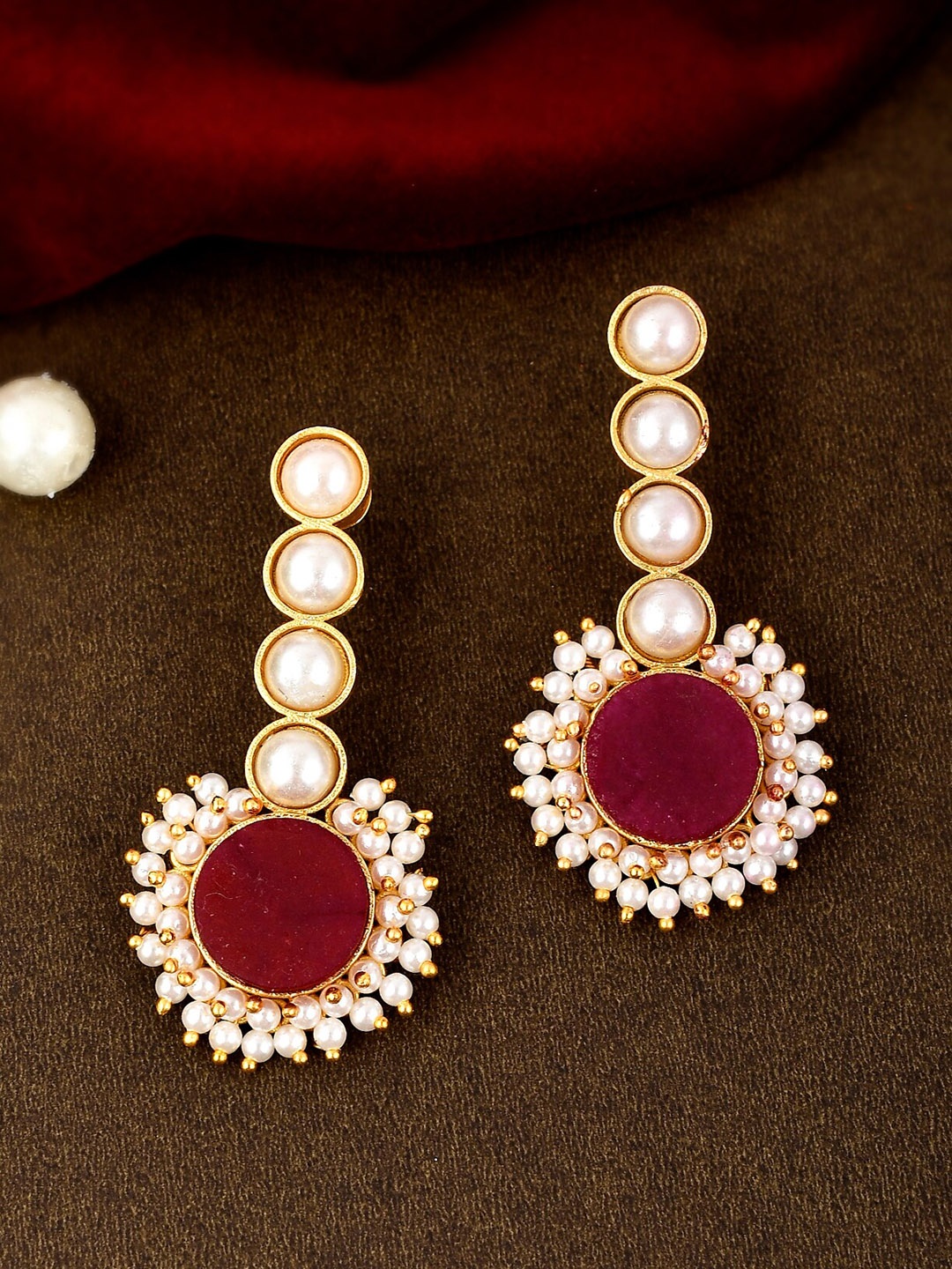 

Silvermerc Designs Red & White Gold-Plated Pearls Circular Drop Earrings