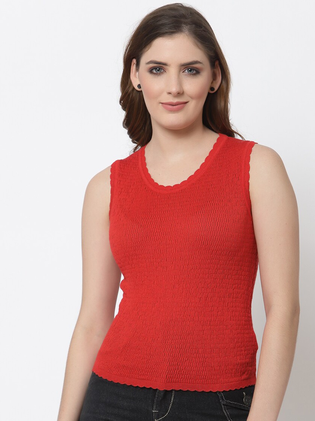 

Kalt Red Ribbed Knitted Fitted Top