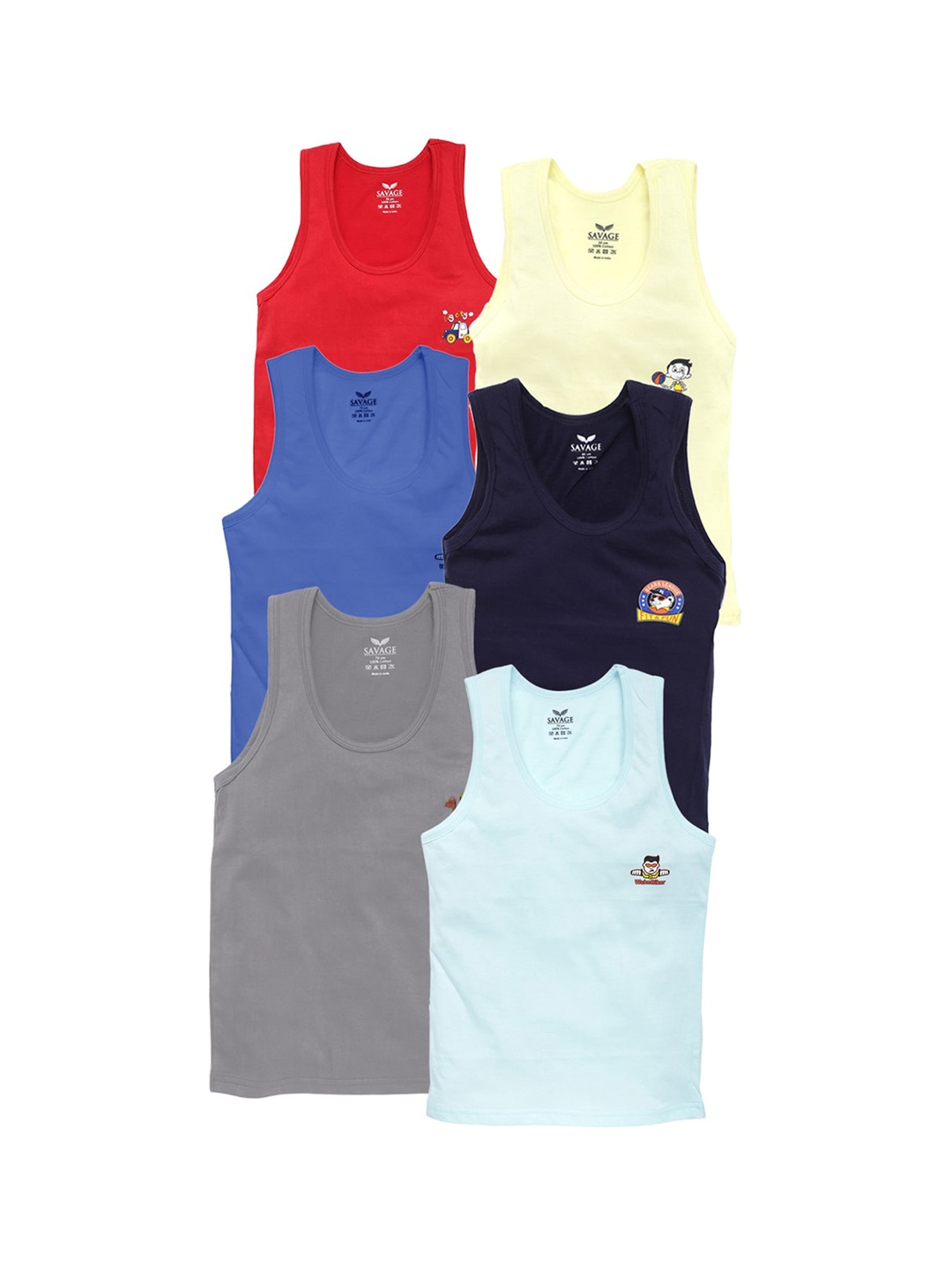 

SAVAGE Boys Pack Of 6 Assorted Cotton Innerwear Vests, Multi