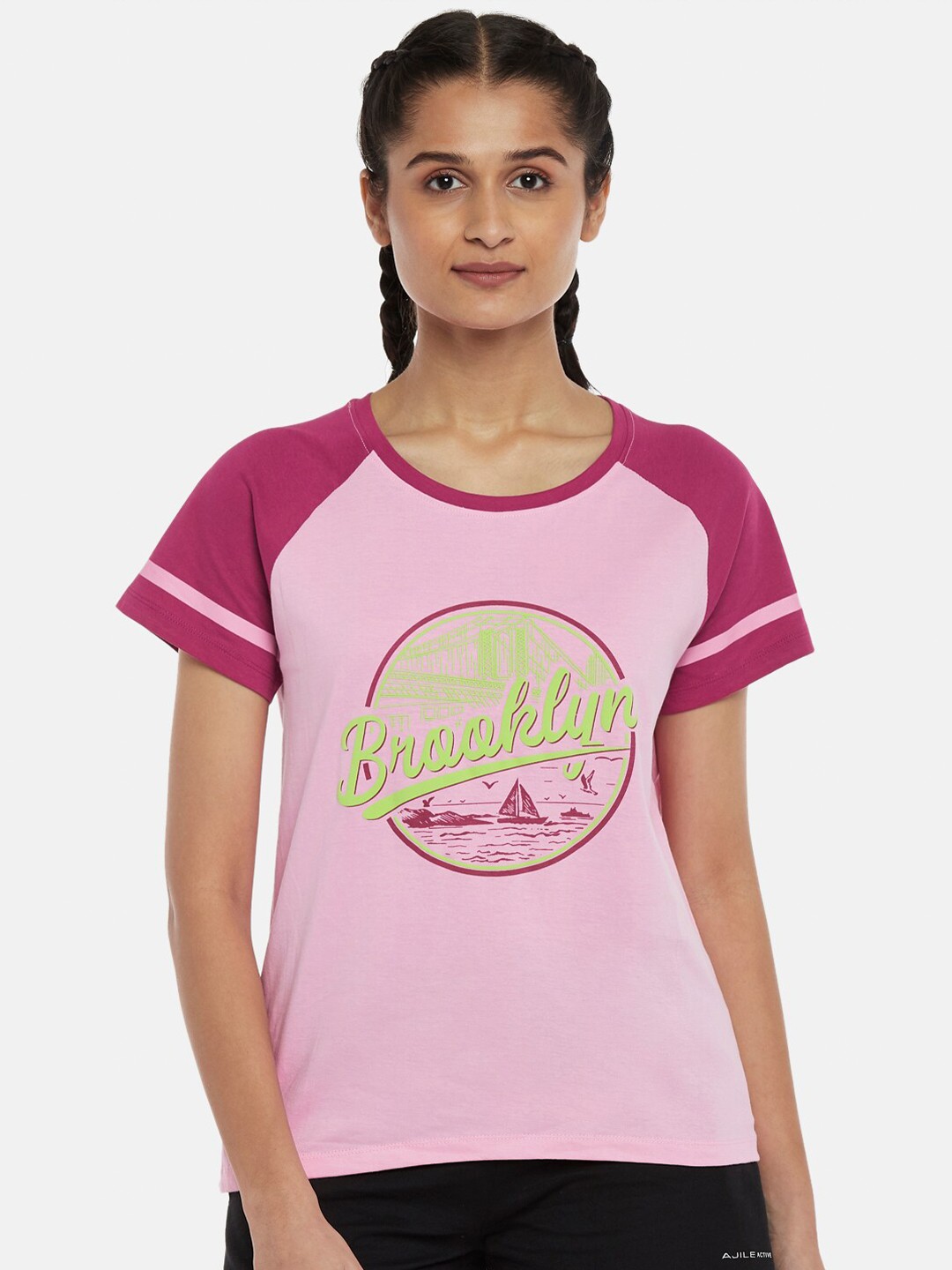 

Ajile by Pantaloons Women Pink Printed Slim Fit Cotton T-shirt