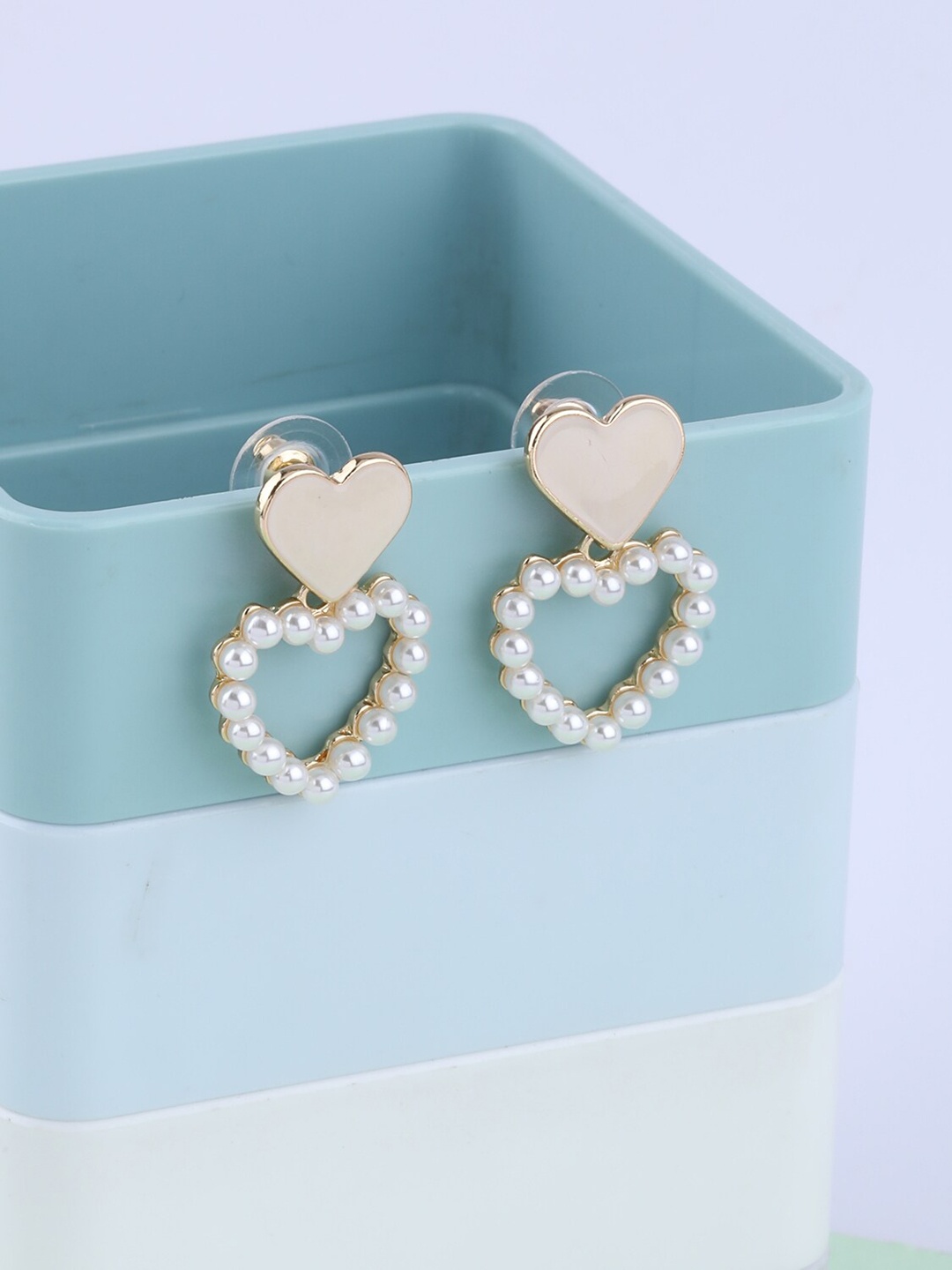 

Silver Shine Gold-Toned & White Heart Shaped Drop Earrings