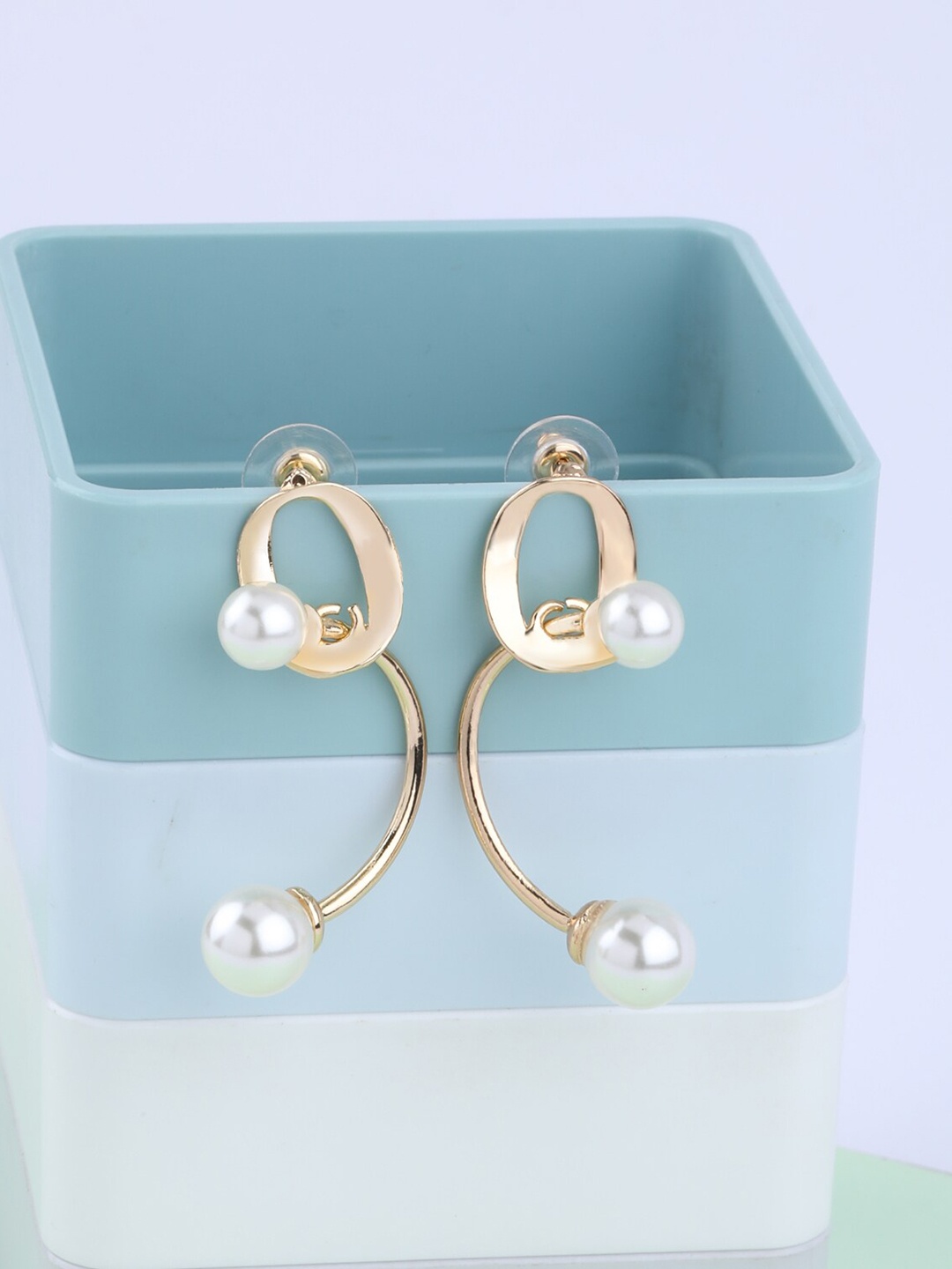 

Silver Shine Gold-Toned & White Pearl Studded Contemporary Drop Earrings