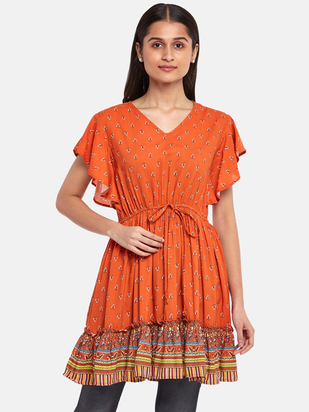 

People Orange & White Printed Tunic