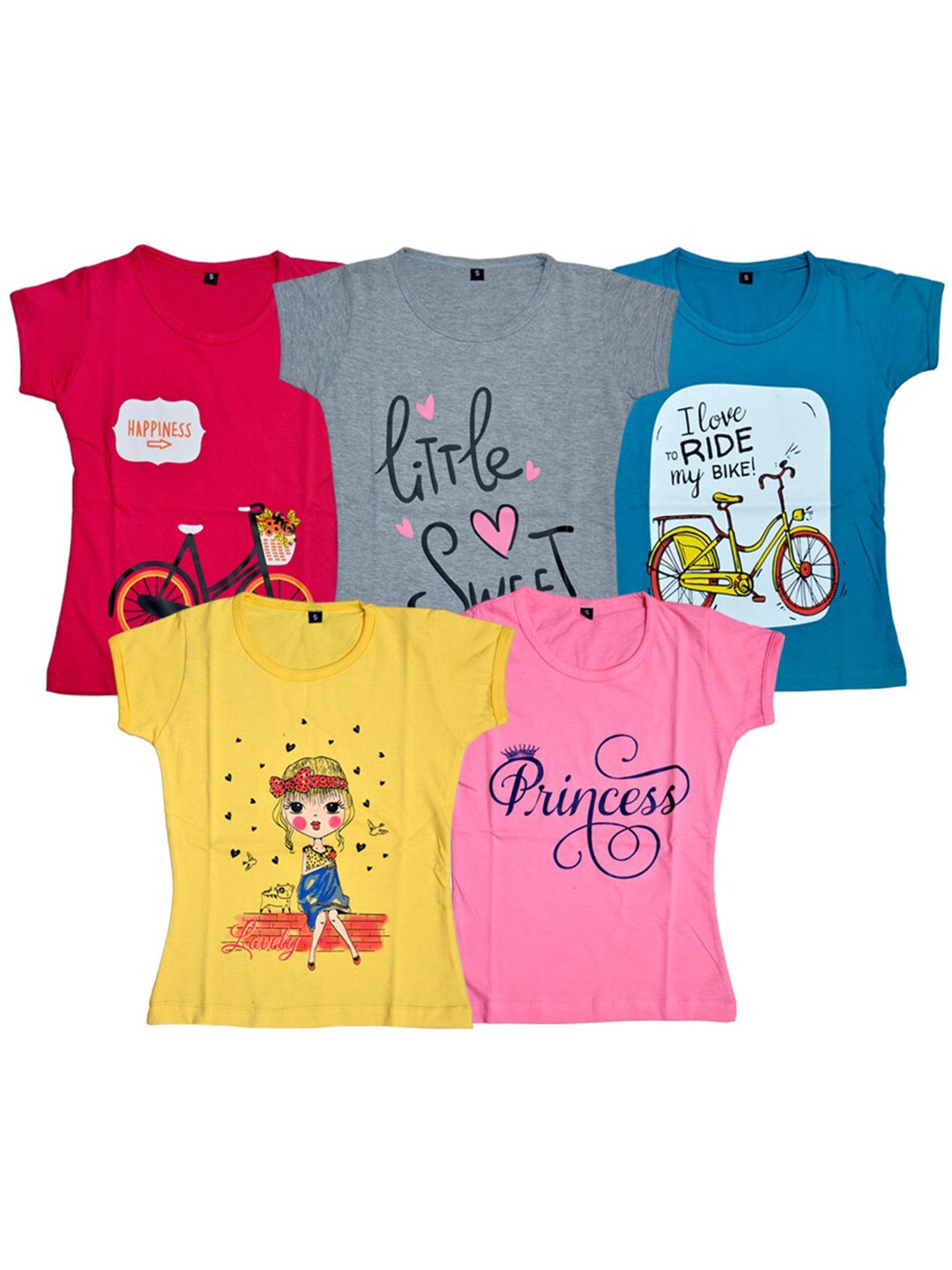

FAZZA Girls Multicoloured & silver blue Typography 5 Printed Applique T-shirt, Multi