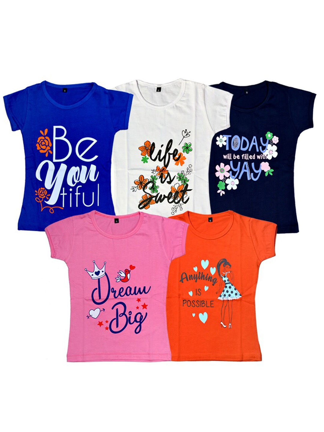 

FAZZA Girls Multicoloured 5 Printed Extended Sleeves Applique T-shirt, Multi