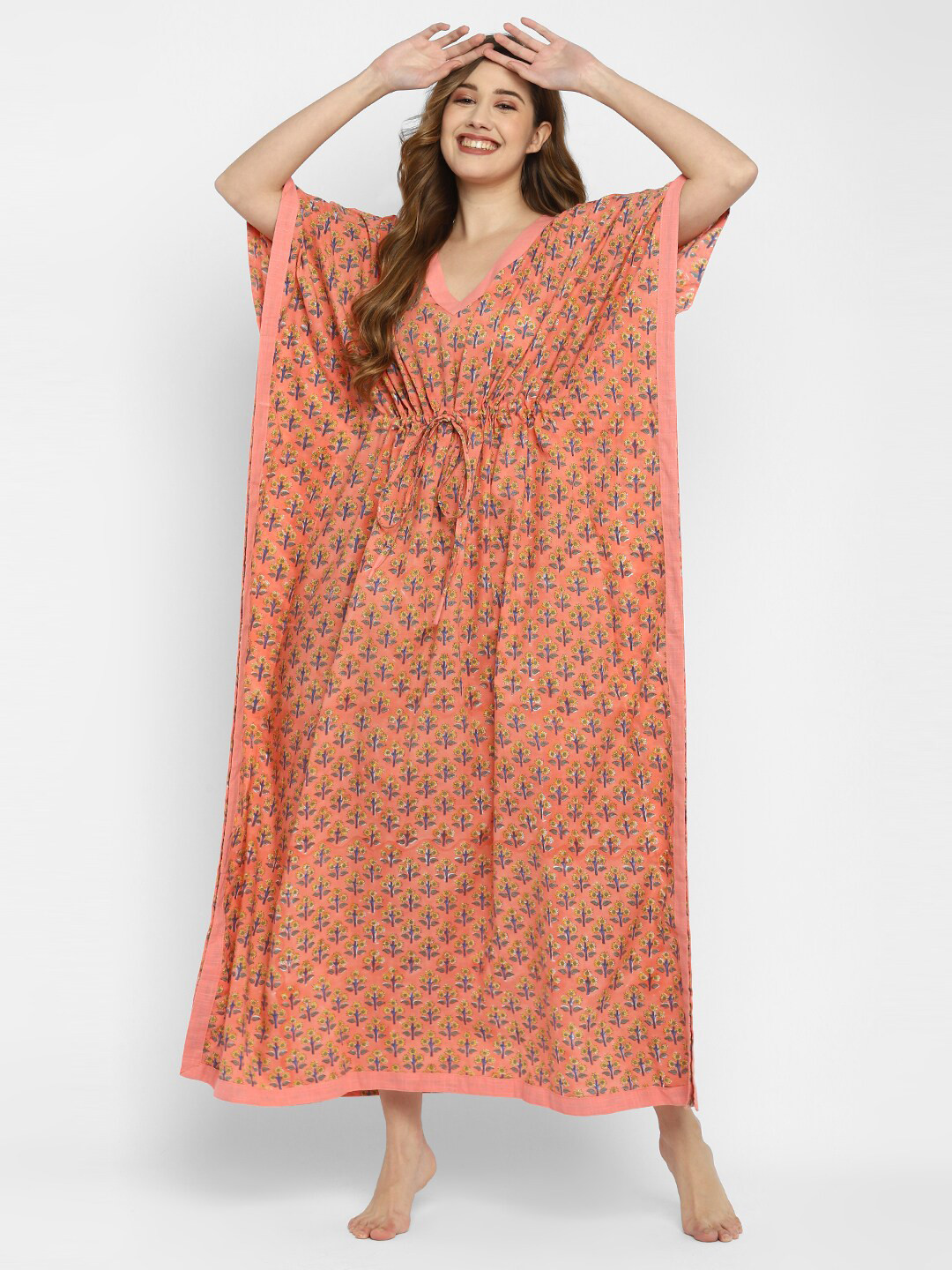 

uNidraa Peach-Coloured Printed Maxi Nightdress
