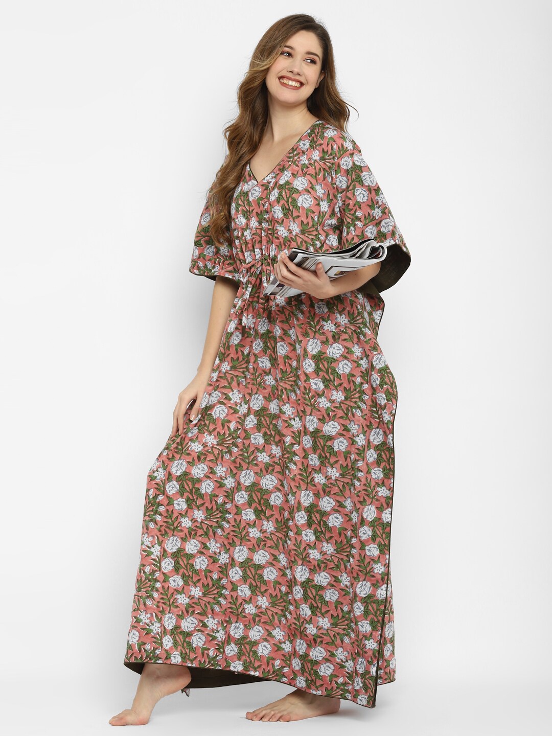 

uNidraa Peach-Coloured Printed Maxi Nightdress