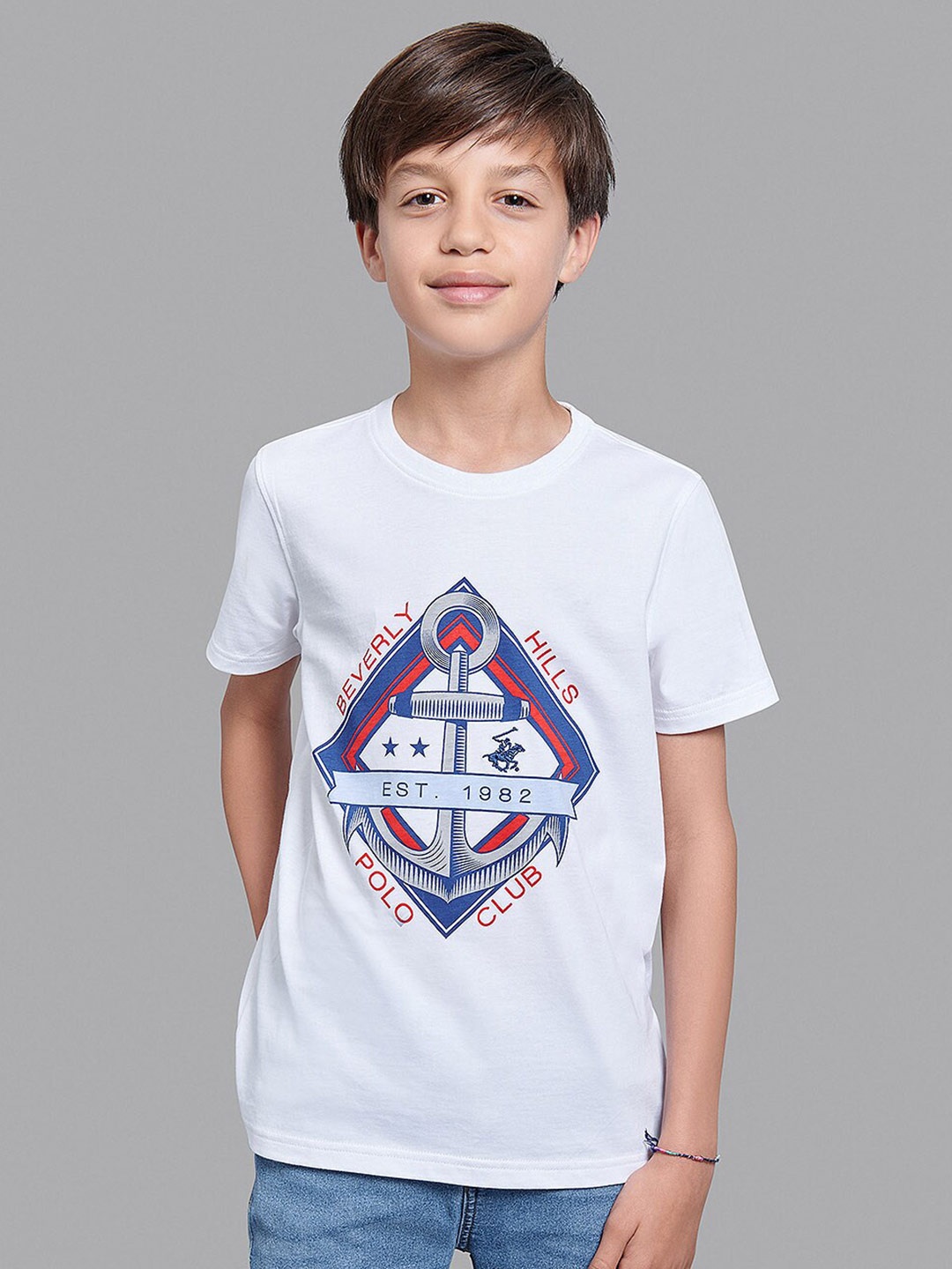 

Beverly Hills Polo Club Boys White Typography Printed Applique T-shirt