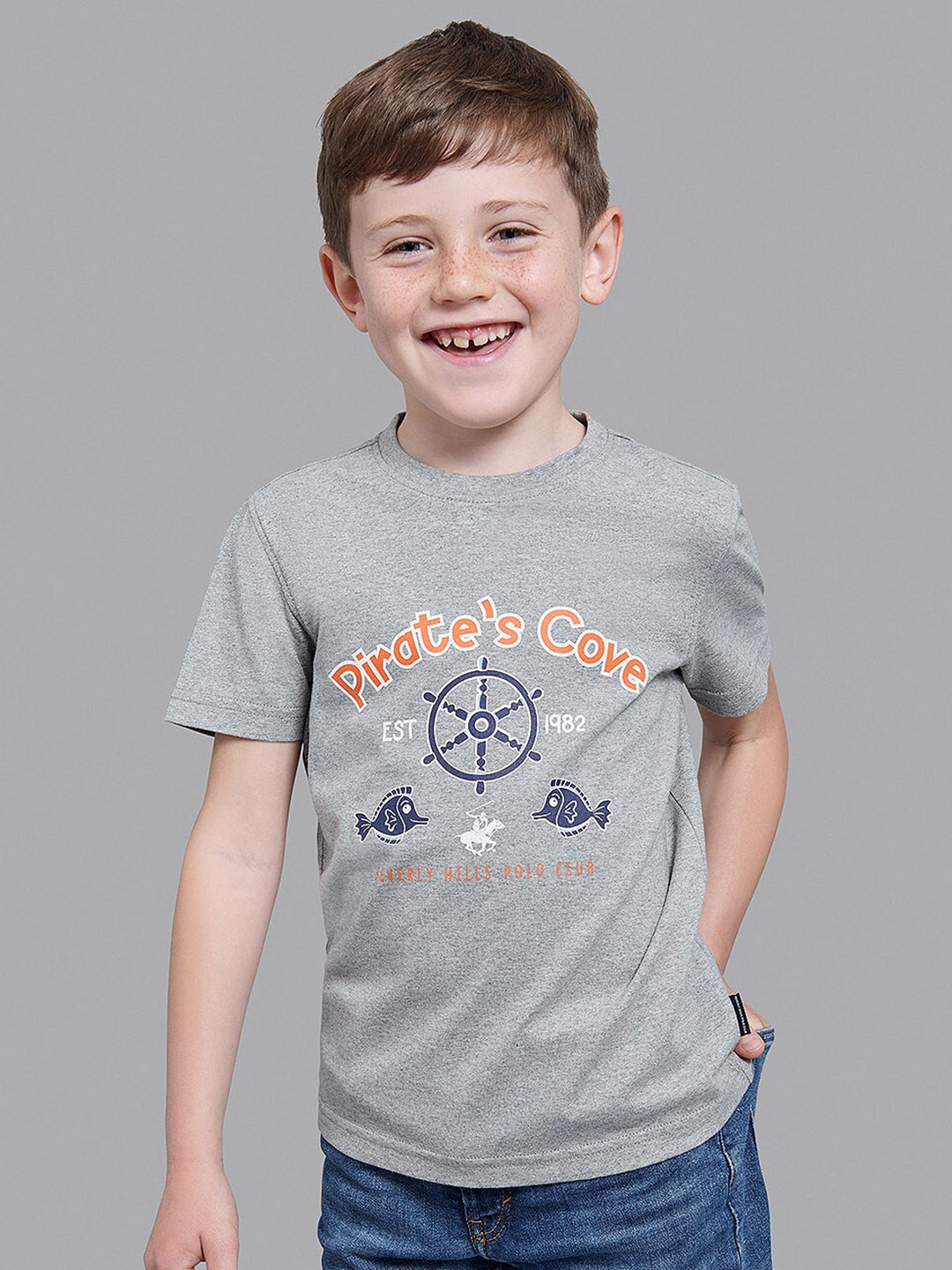 

Beverly Hills Polo Club Boys Grey Typography Printed Applique T-shirt