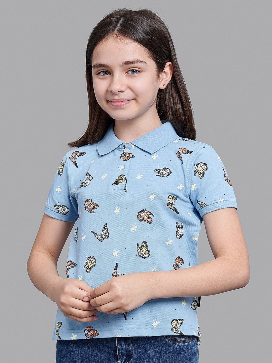 

Beverly Hills Polo Club Girls Blue & bisque Printed Polo Collar T-shirt