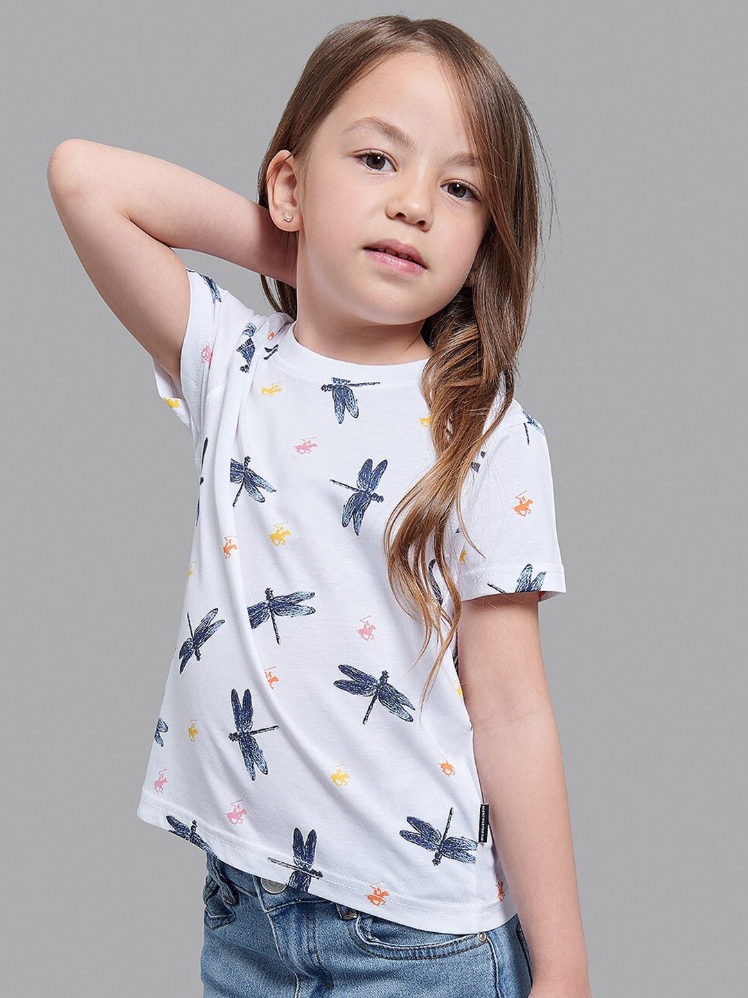 

Beverly Hills Polo Club Girls White & bright gray Printed Extended Sleeves T-shirt