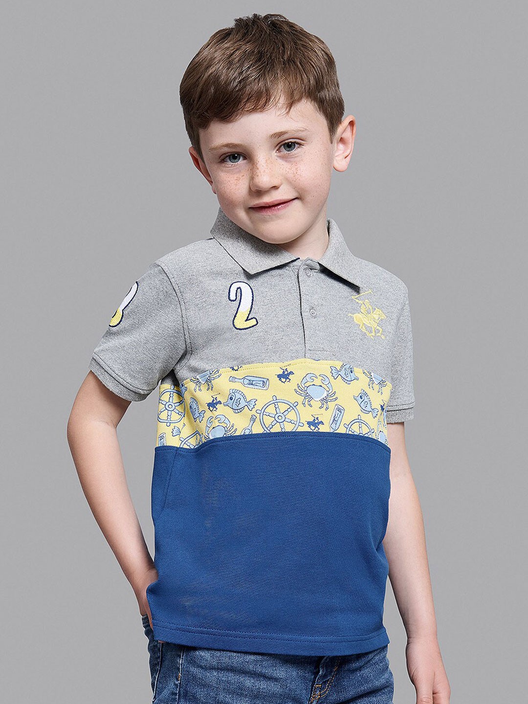 

Beverly Hills Polo Club Boys Grey Printed Polo Collar Applique T-shirt