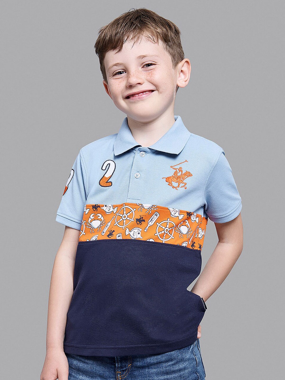 

Beverly Hills Polo Club Boys Blue & space cadet Printed Polo Collar Applique T-shirt