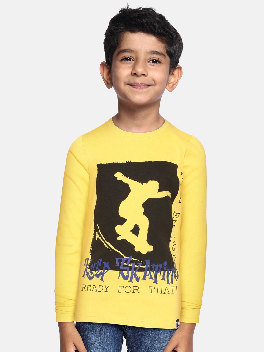 

Provogue Boys Mustard Yellow & Black Typography Printed Pure Cotton T-shirt