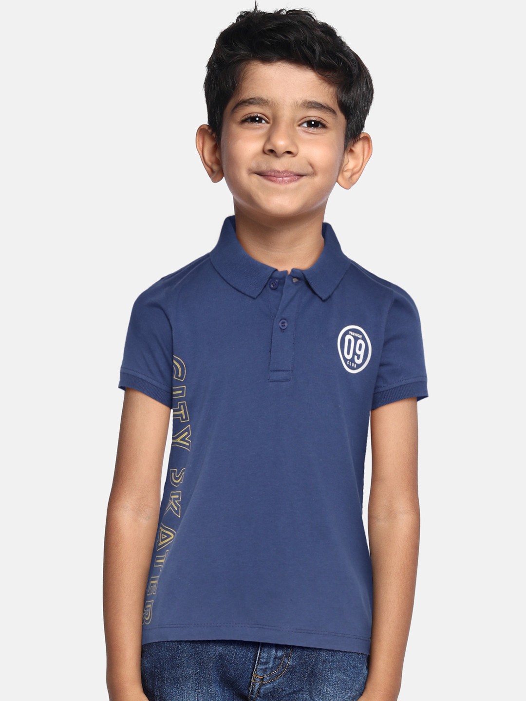 

Provogue Boys Navy Blue & Mustard Yellow Typography Printed Polo Collar Pure Cotton T-shirt