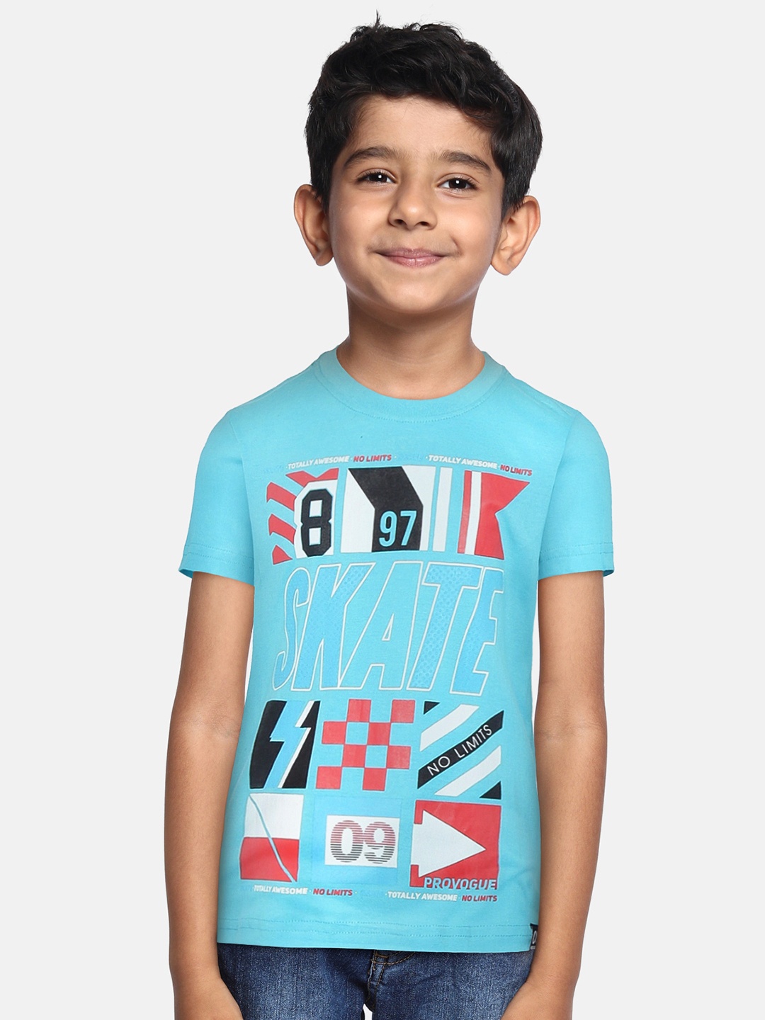 

Provogue Boys Blue & White Typography Print Pure Cotton T-shirt