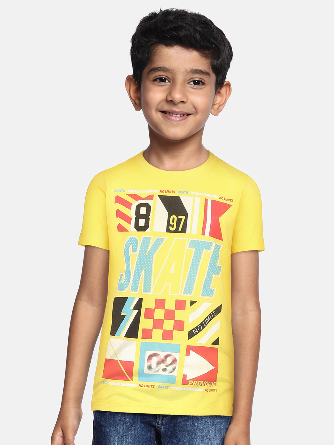 

Provogue Boys Mustard Yellow & Blue Typography Printed Pure Cotton T-shirt
