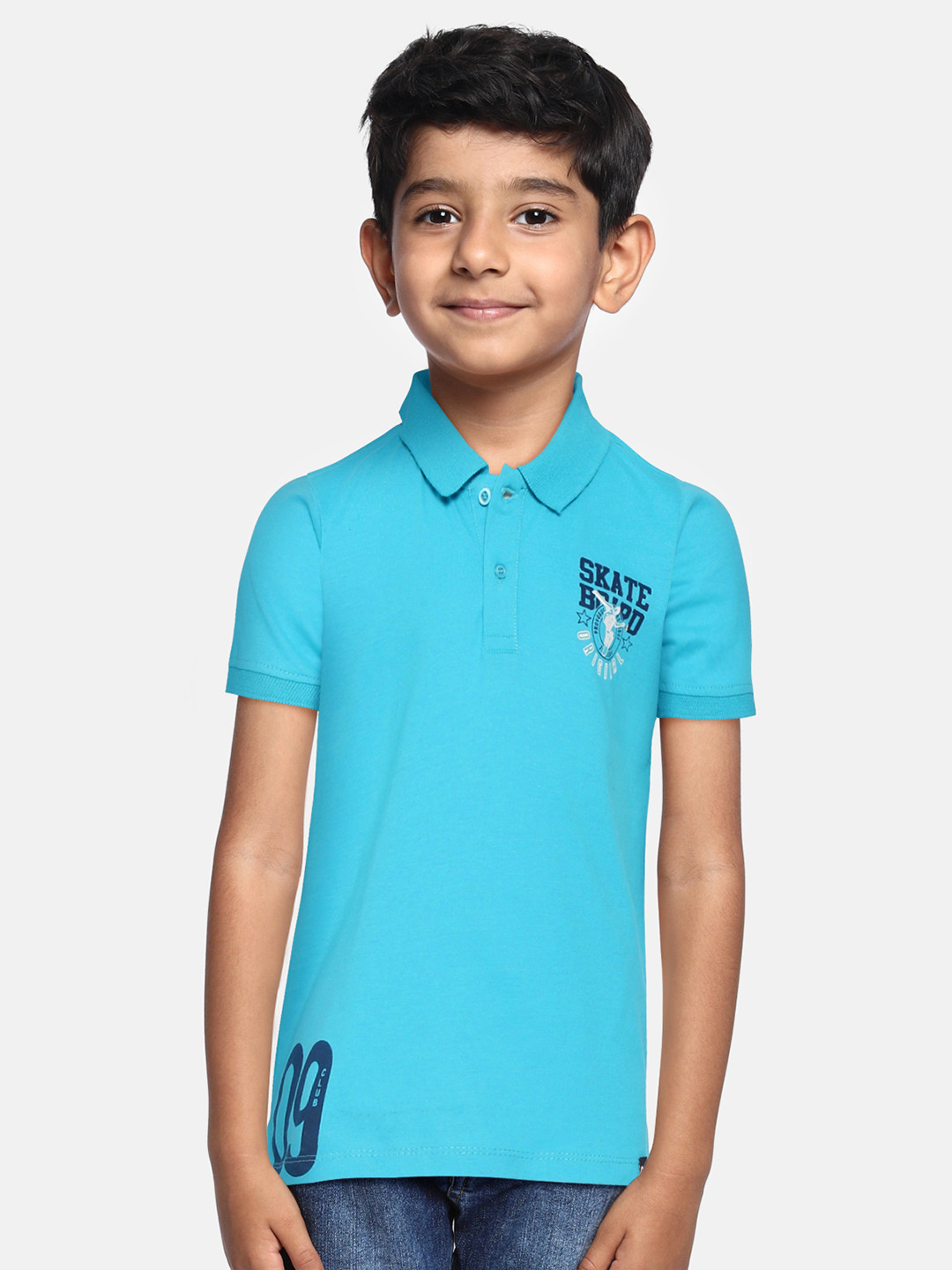 

Provogue Boys Turquoise Blue & White Typography Printed Polo Collar Pure Cotton T-shirt