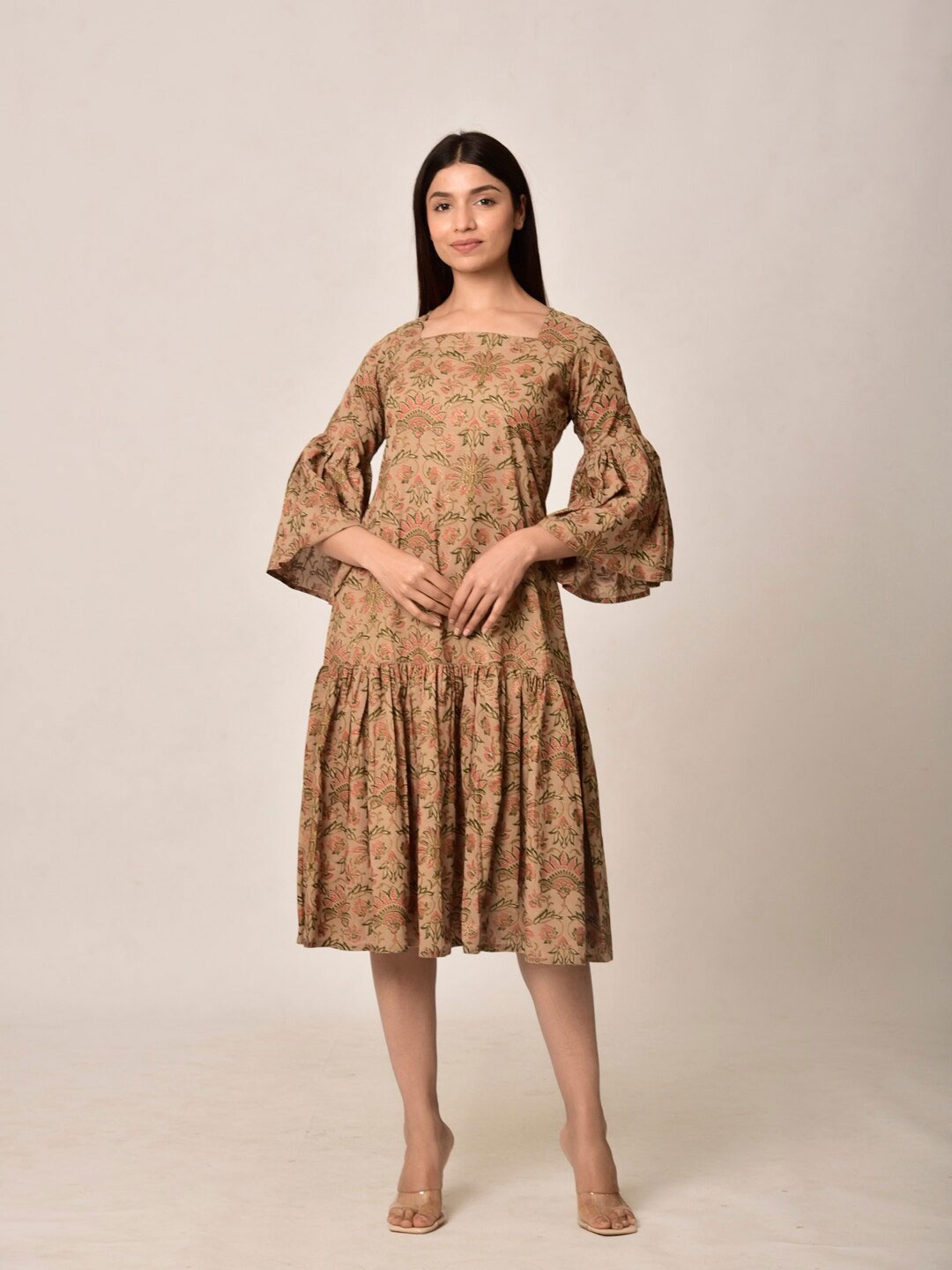 

Ikk Kudi by Seerat Beige cotton Floral A-Line Midi Dress