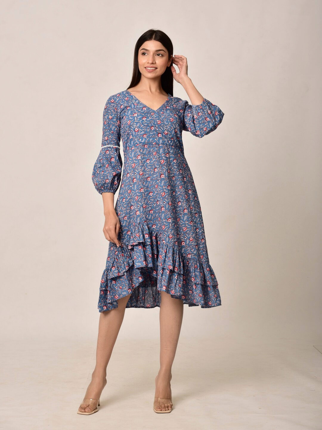 

Ikk Kudi by Seerat Blue Floral A-Line Midi ruffles Dress