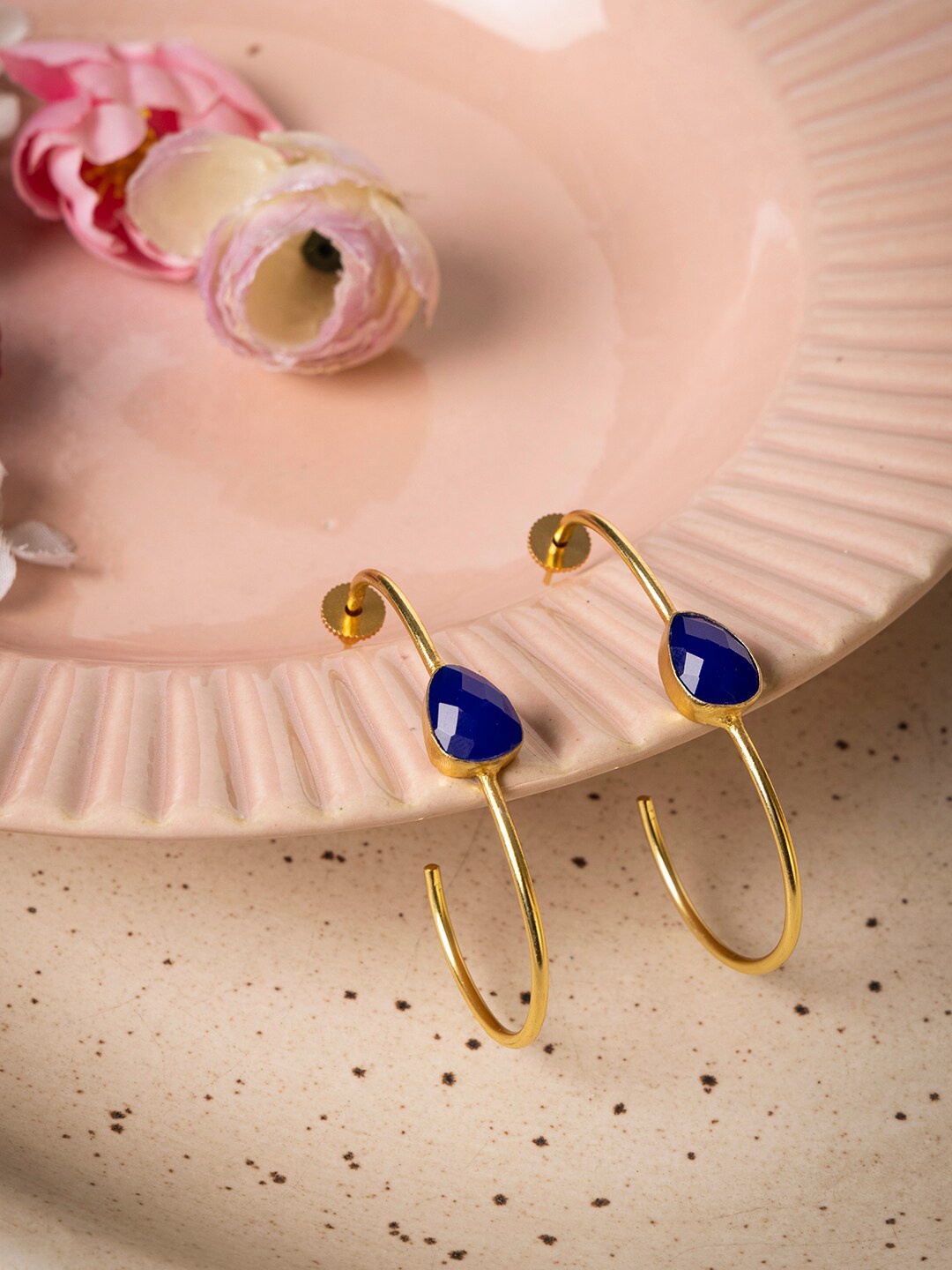 

INDYA Gold-Plated & Blue Stones-Studded Hoop Earrings