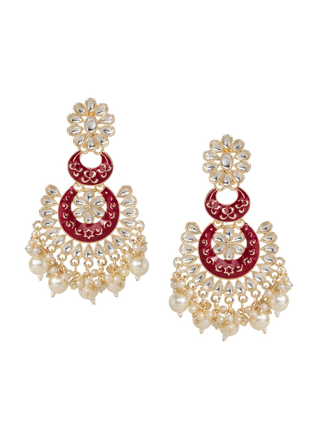 

INDYA Gold-Plated White Kundan Studded Red Contemporary Chandbalis Earrings