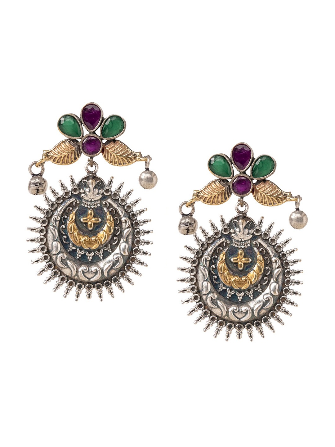 

INDYA Silver-Toned Pink & Green Stone Studded Earrings