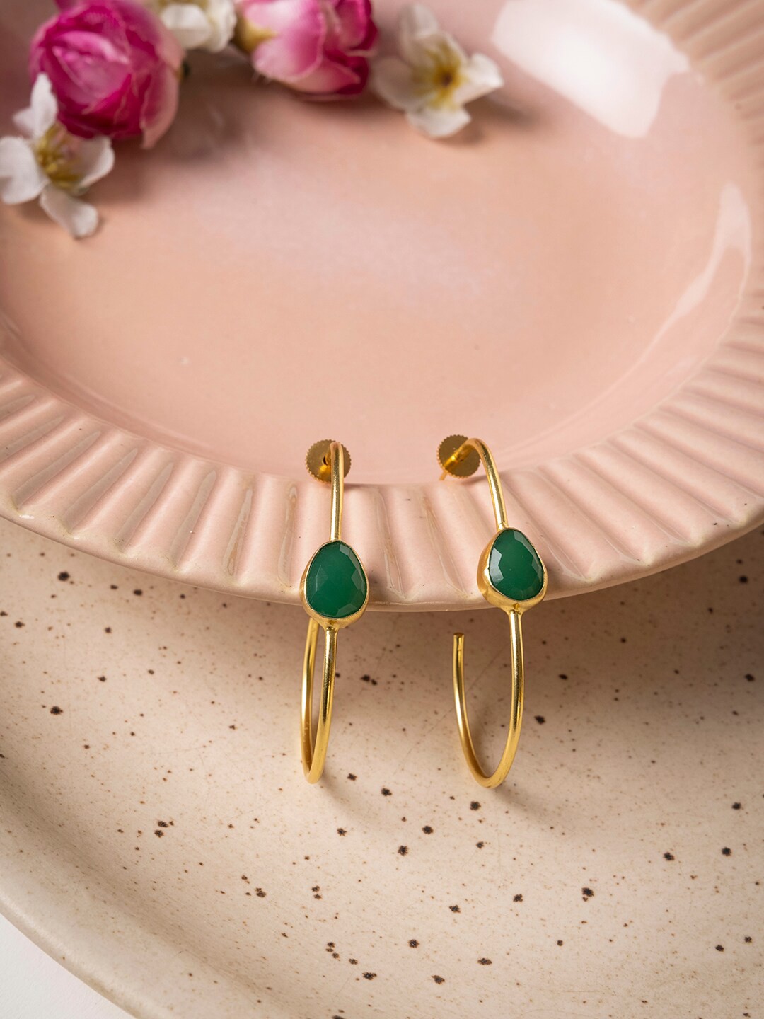 

INDYA Gold-Plated Green Stone Studded Hoop Earrings