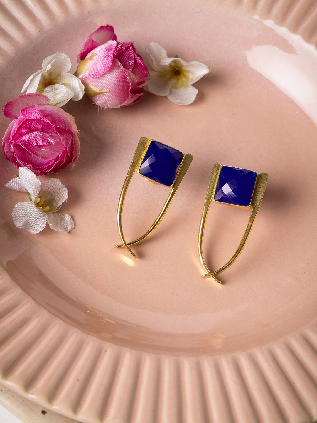 

INDYA Gold-Plated Blue Stone Studded Handcrafted Hoop Earrings