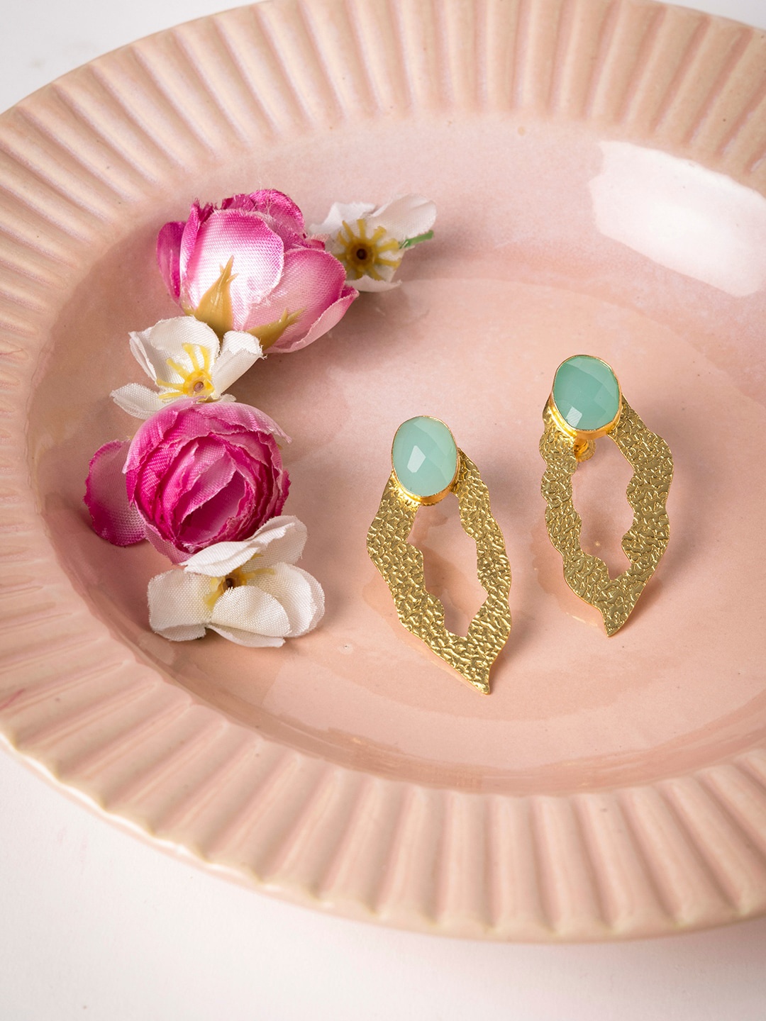 

INDYA Gold-Plated Green Stone-Studded Drop Earrings