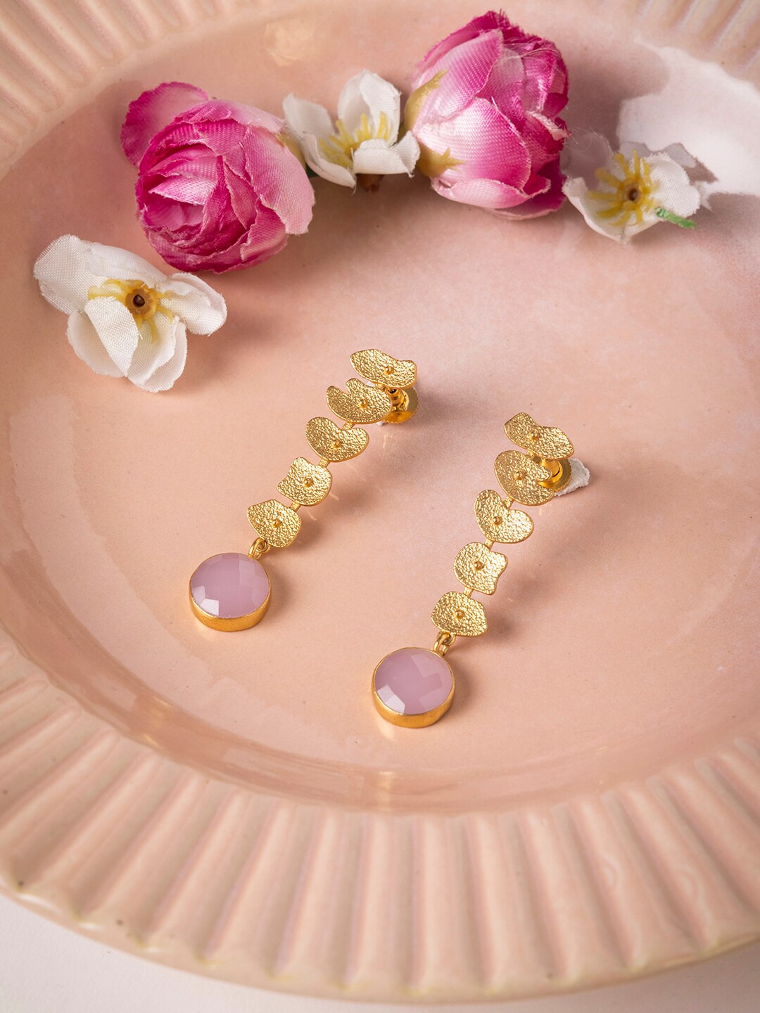 

INDYA Gold-Plated Pink Stone Studded Handcrafted Dangler Earrings