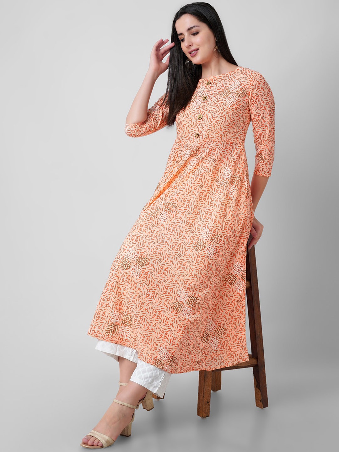 

KALINI Women Peach-Coloured Ethnic Motifs Printed Regular Sleeves Anarkali Kurta