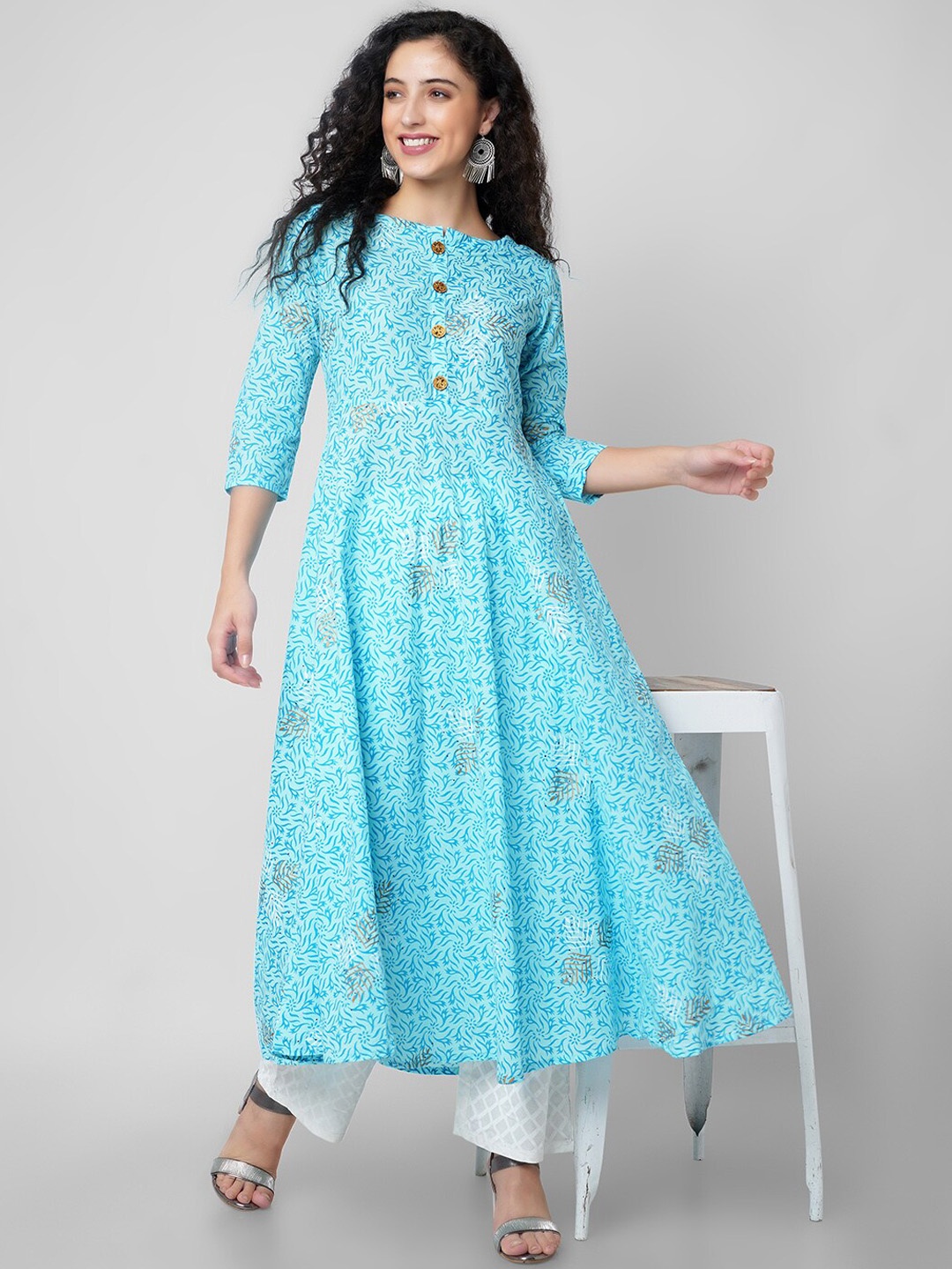 

KALINI Women Sea Green Ethnic Motifs Printed Gotta Patti Handloom Anarkali Kurta