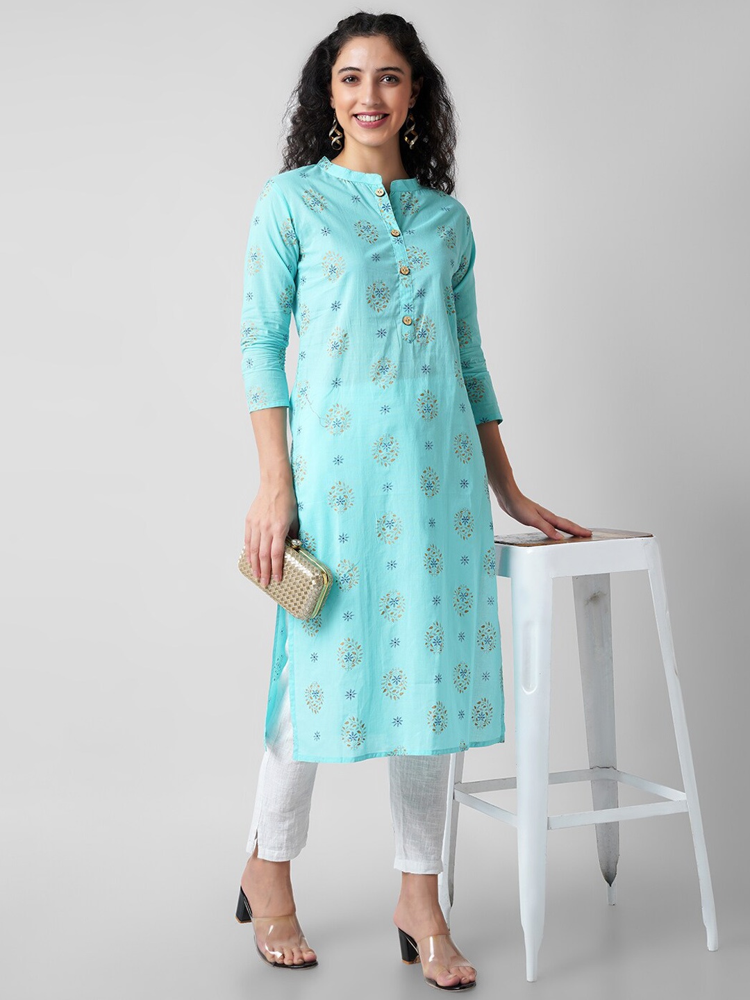 

KALINI Women Sea Green Ethnic Motifs Printed Chikankari Handloom Kurta