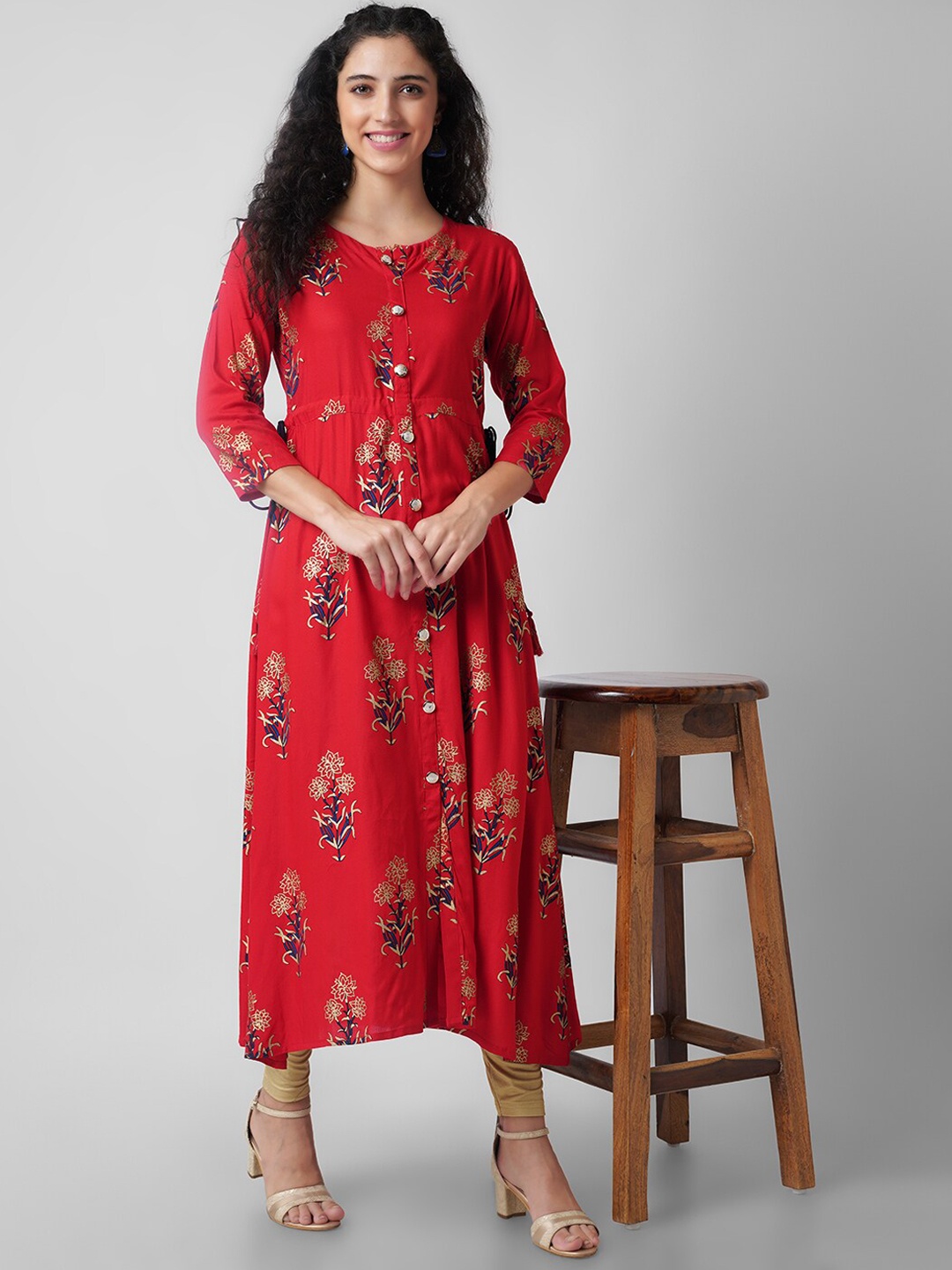 

KALINI Women Red floral Printed Thread Work Handloom Kurta