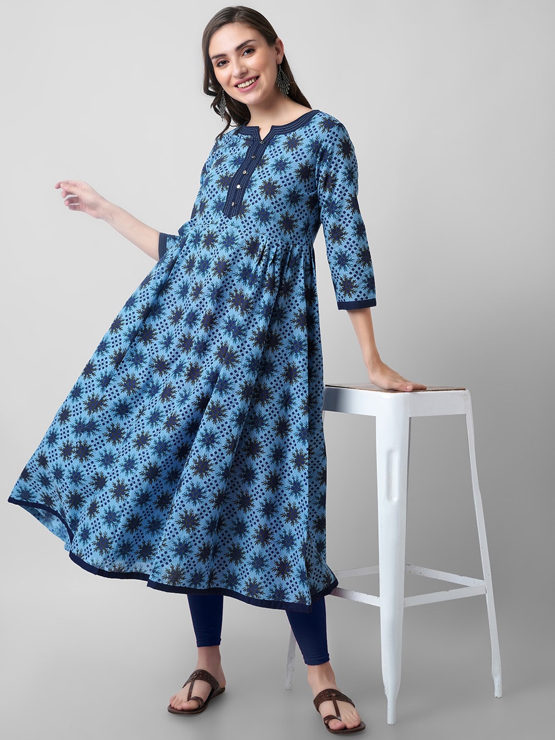 

KALINI Women Blue Printed Keyhole Neck Thread Work Handloom Anarkali Kurta