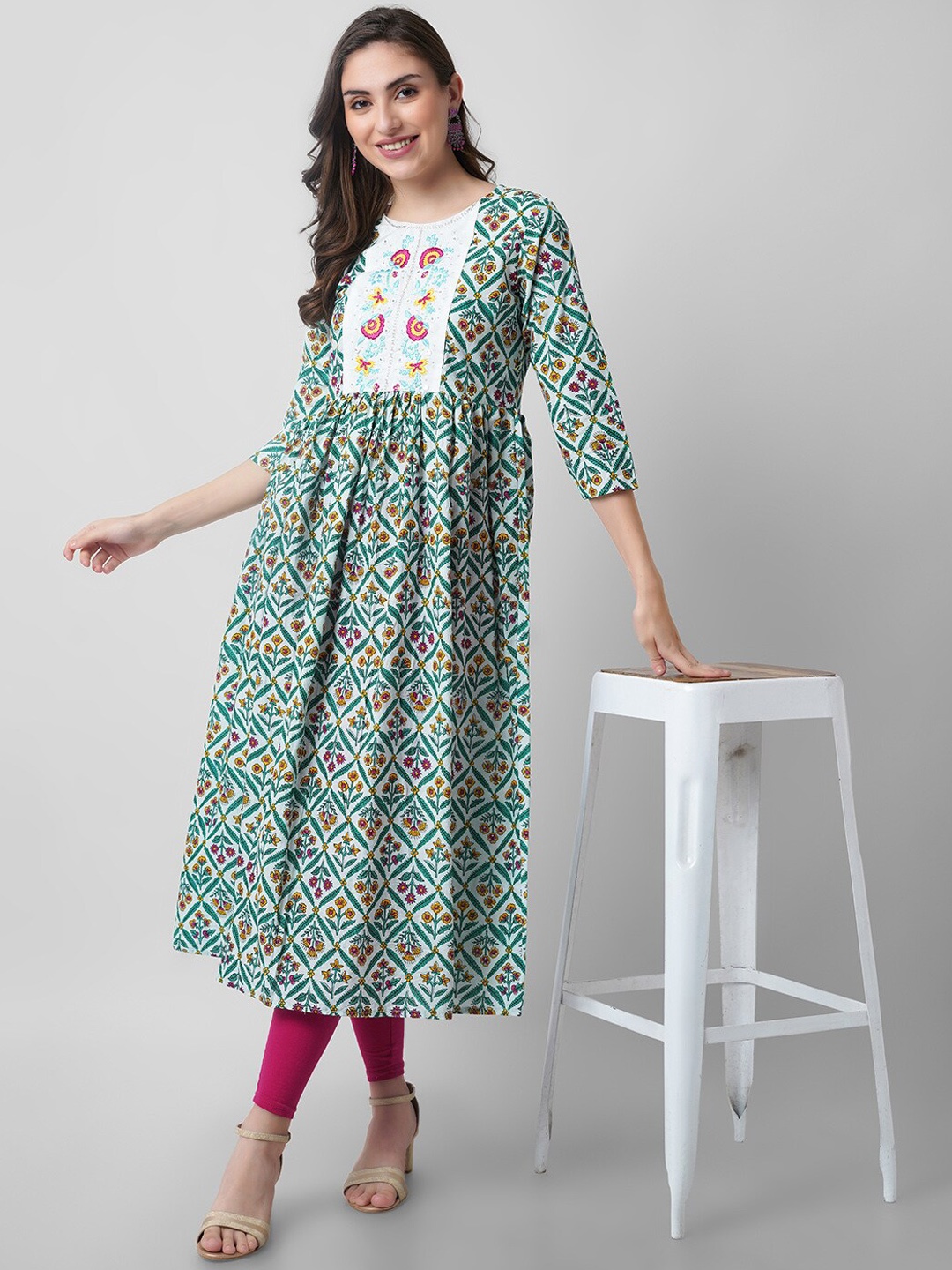 

KALINI Women Sea Green Ethnic Motifs Printed Handloom Kurta