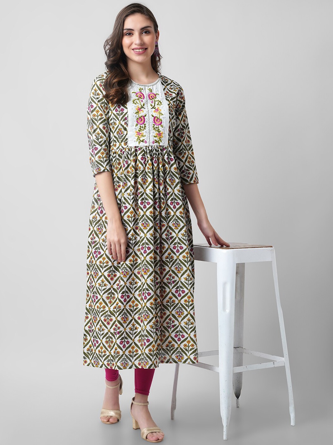 

KALINI Women Multicoloured Ethnic Motifs Printed Thread Work Handloom Kurta, Multi