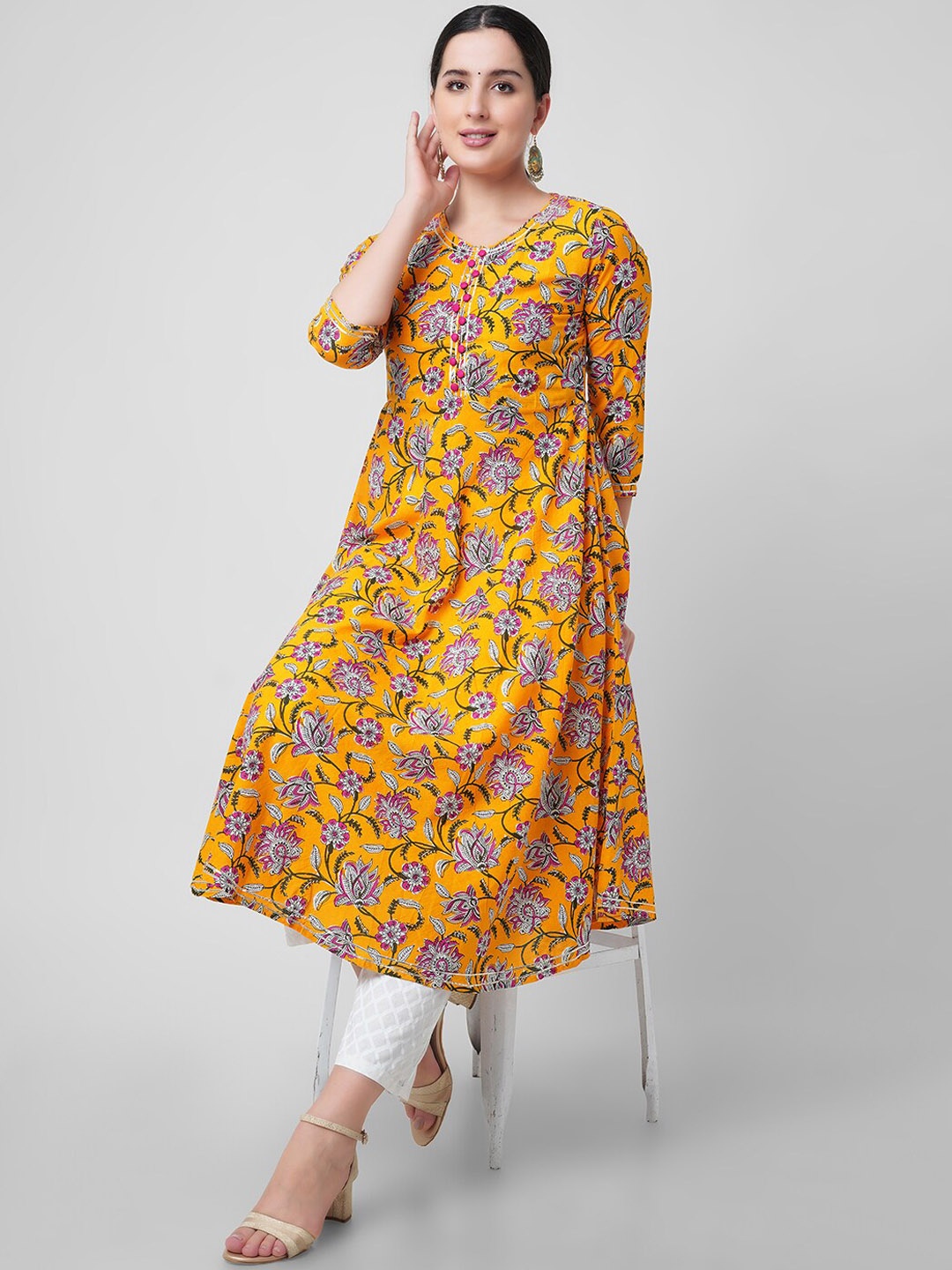 

KALINI Women Yellow Floral Printed Thread Work Handloom Kurta