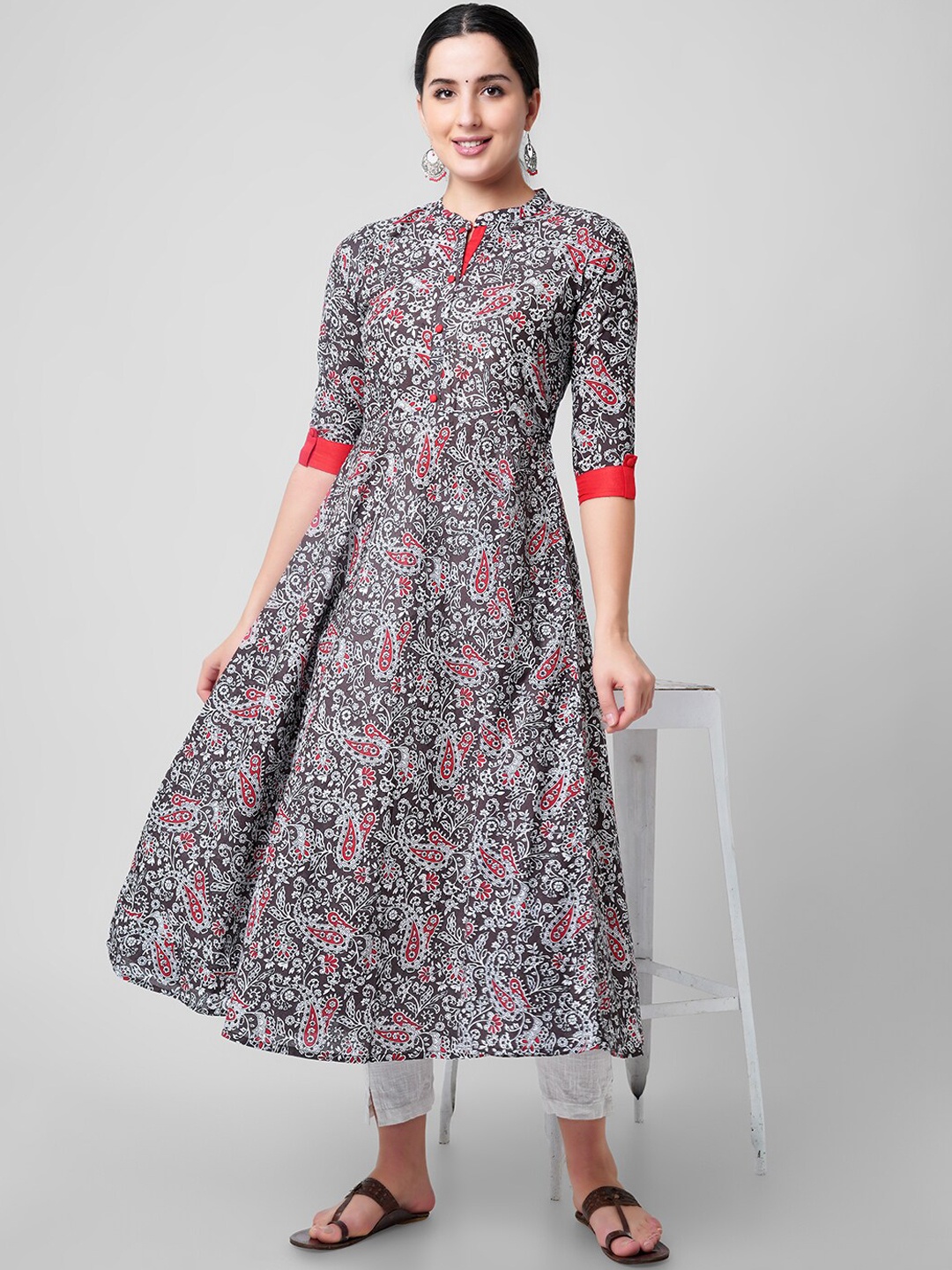 

KALINI Women Red Floral Printed Thread Work Handloom Anarkali Kurta